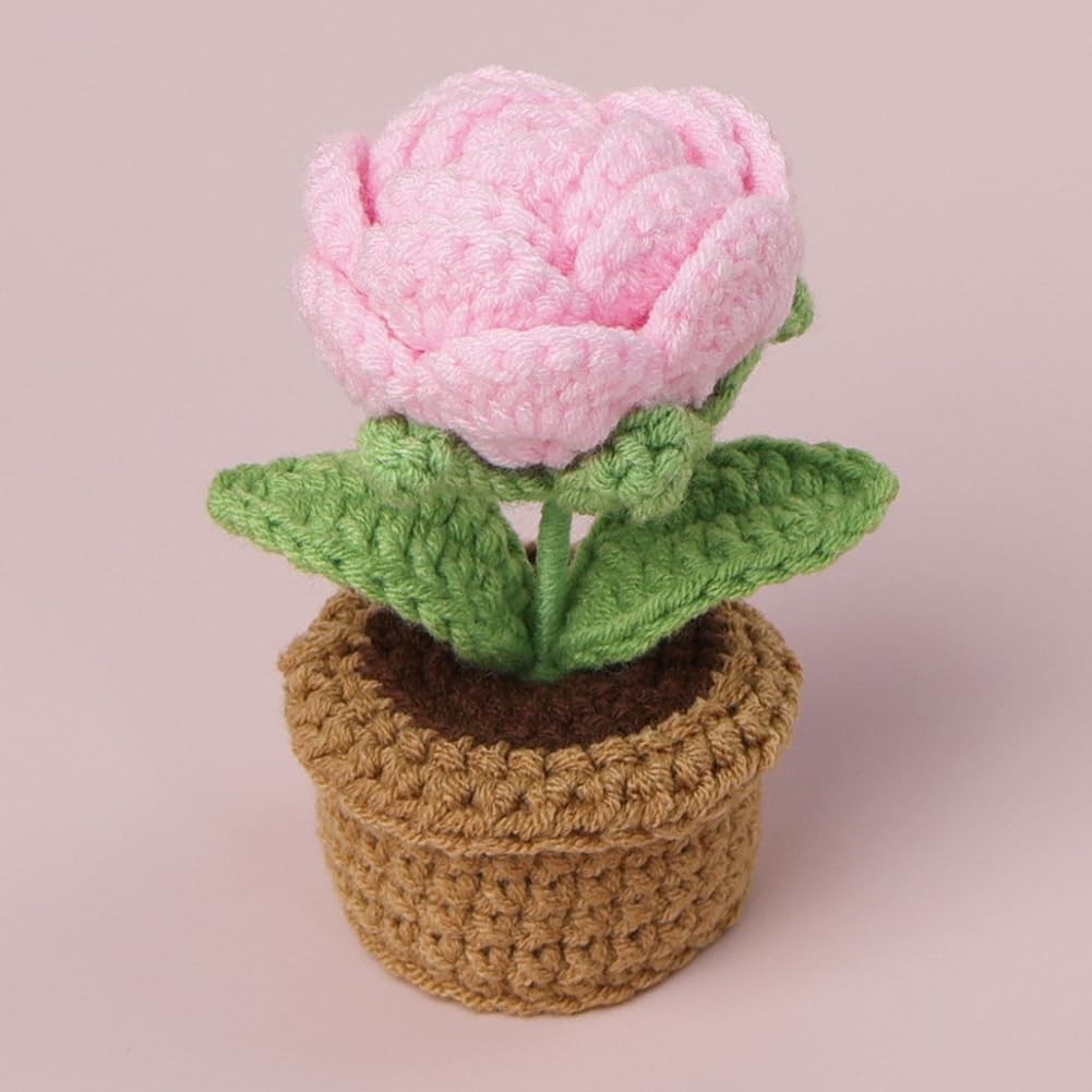 2 Pieces Handmade Crochet Flowers Small Potted Artificial Woolen Yarn Rose Fl…