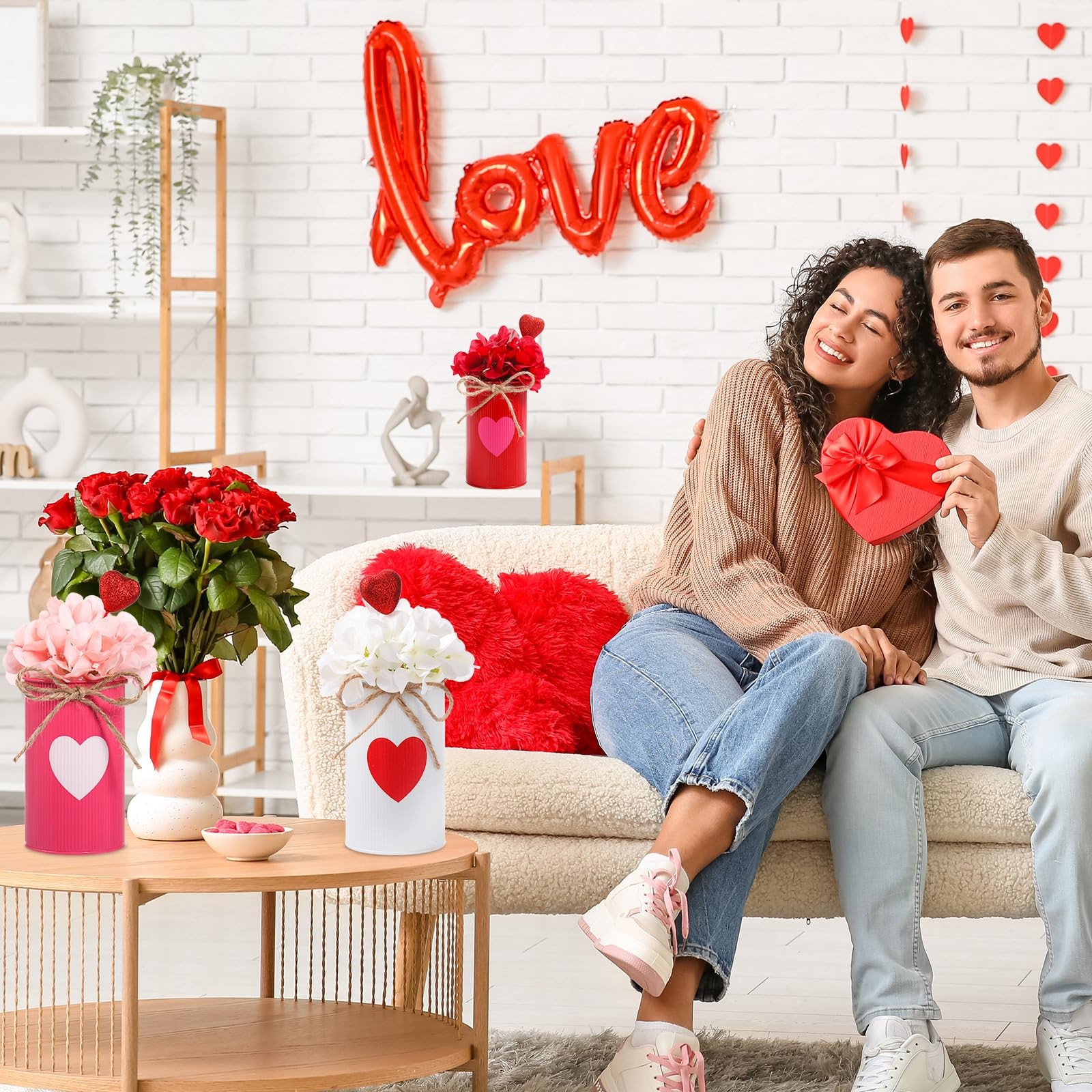 3 PCS Valentine’s Day Centerpiece Artificial Flower Red Heart Glitter Vases