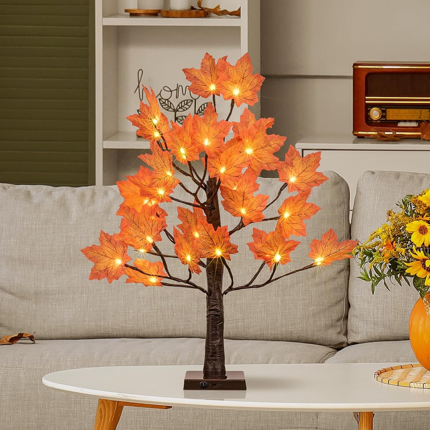 24IN Lighted Maple Tree for Fall Decorations, USB & Battery Operated with Tim…