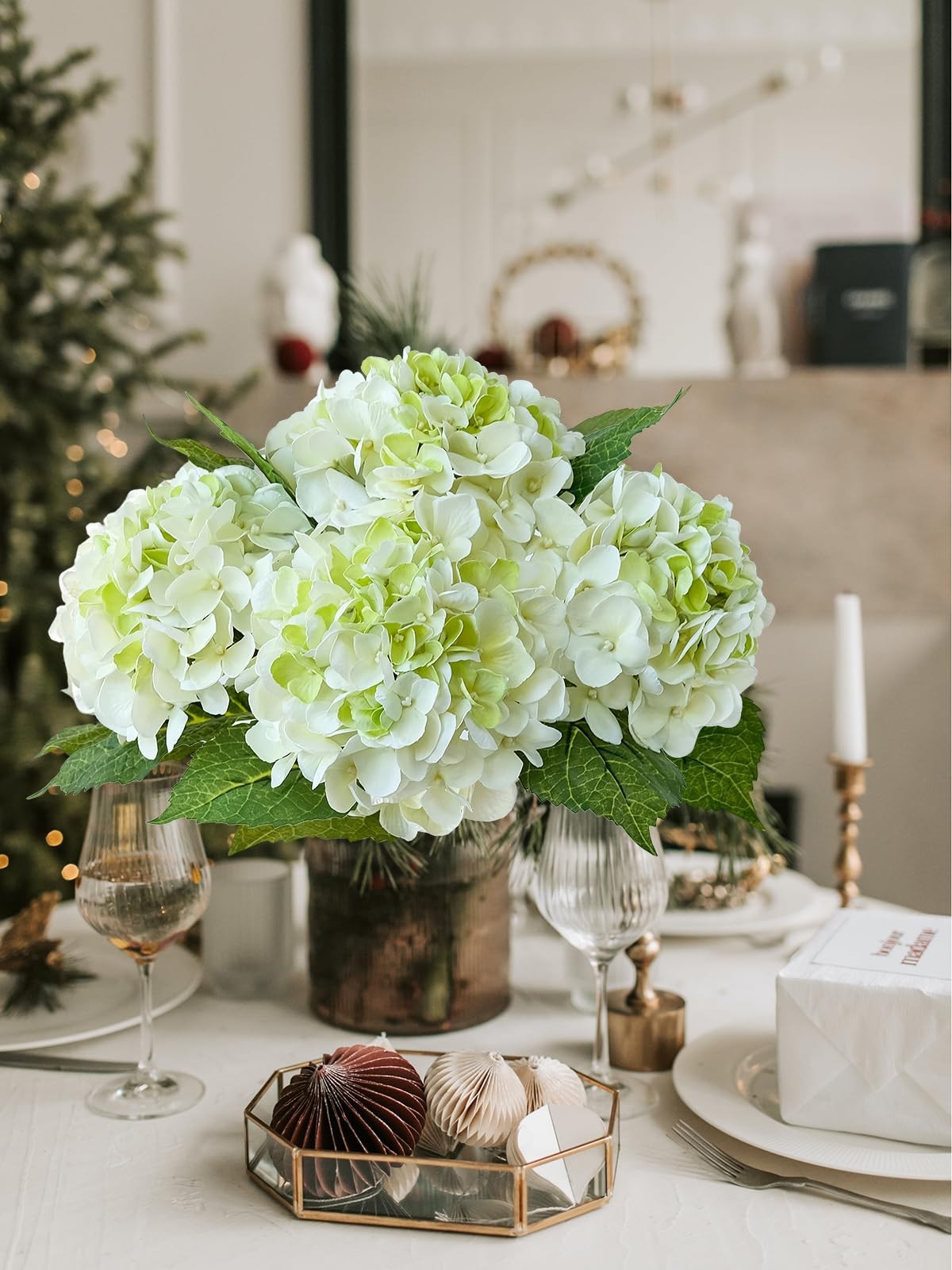 SUMTIPHUN 4 Pcs White/Green Real Touch Hydrangeas Artificial Hydrangeas Flowers