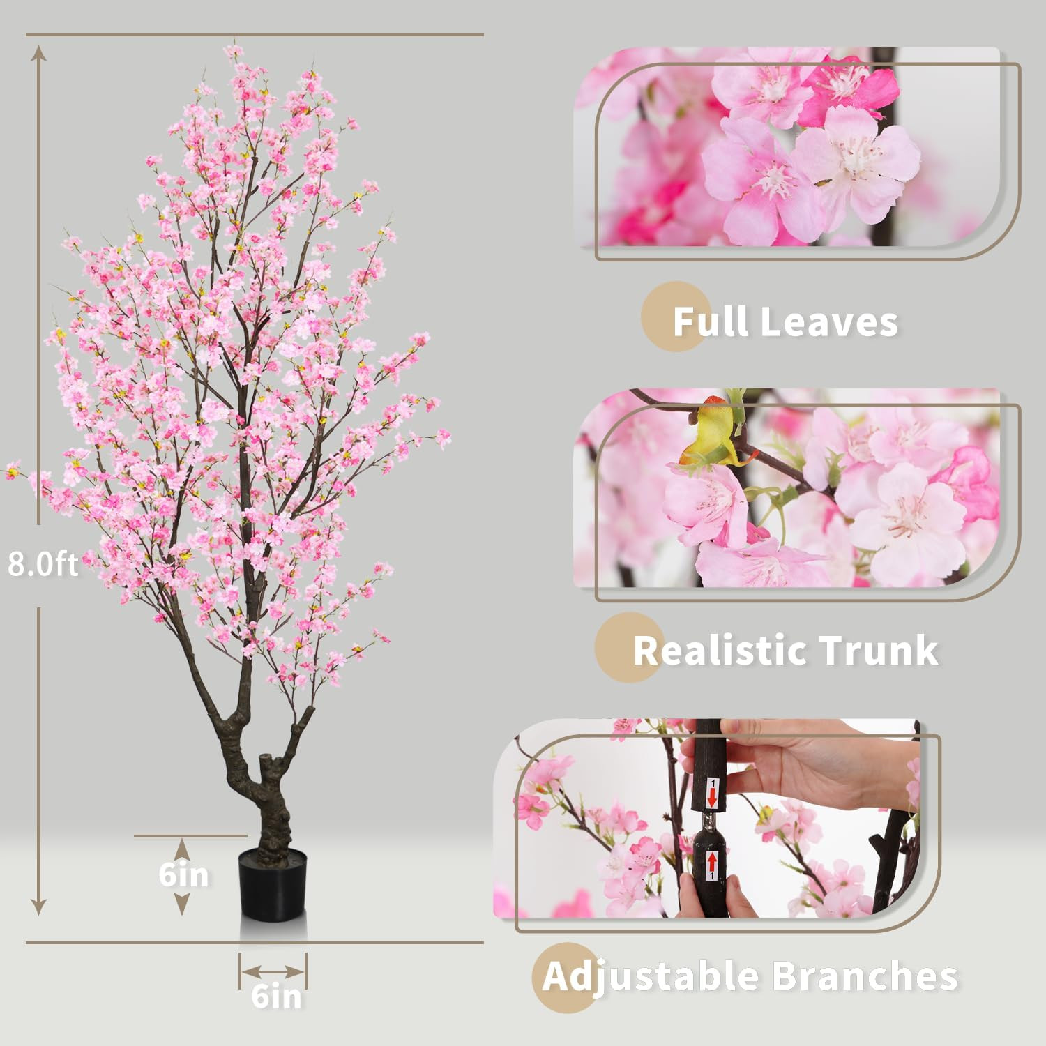 Faux Pink Cherry Blossom Tree 8Ft(96In) Tall Artificial Plant Indoor Decor Handm