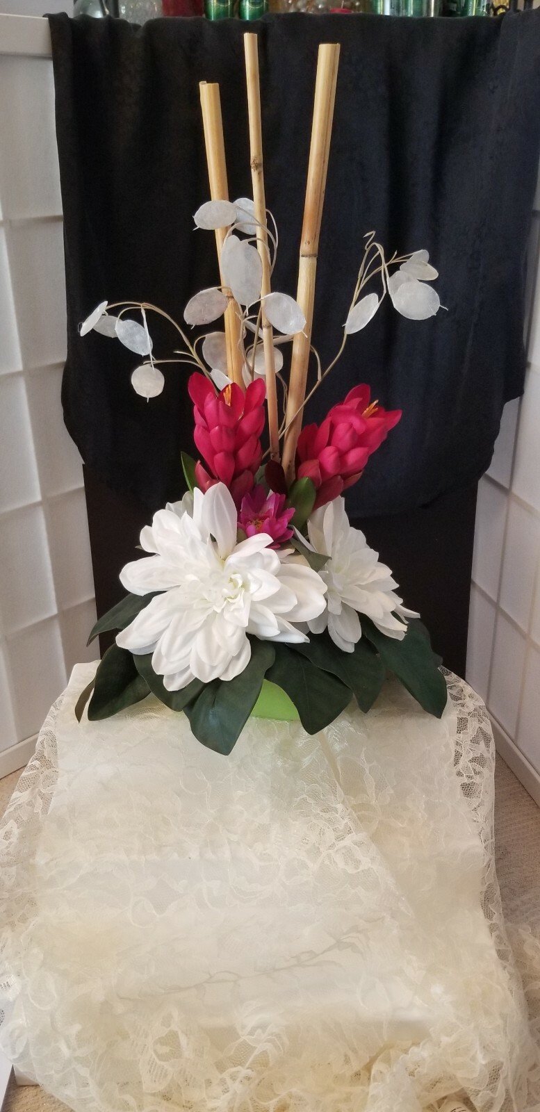 Tropical, Exotic, Silk Floral Arrangement, 21″Bamboo, White Lily, Luau, Fuchsia 