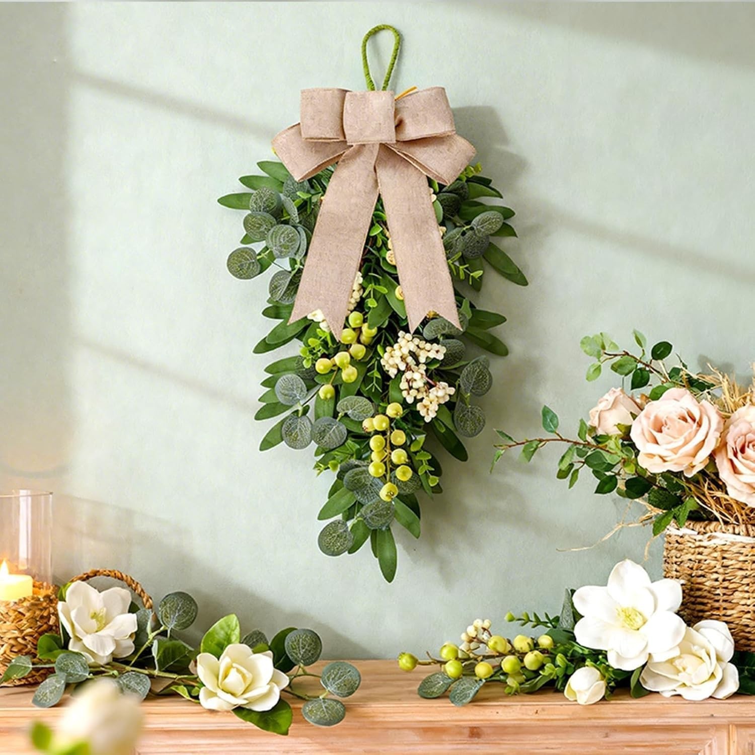 3 PCS Artificial Green Eucalyptus Wreaths for Front Door Spring Summer Greene…