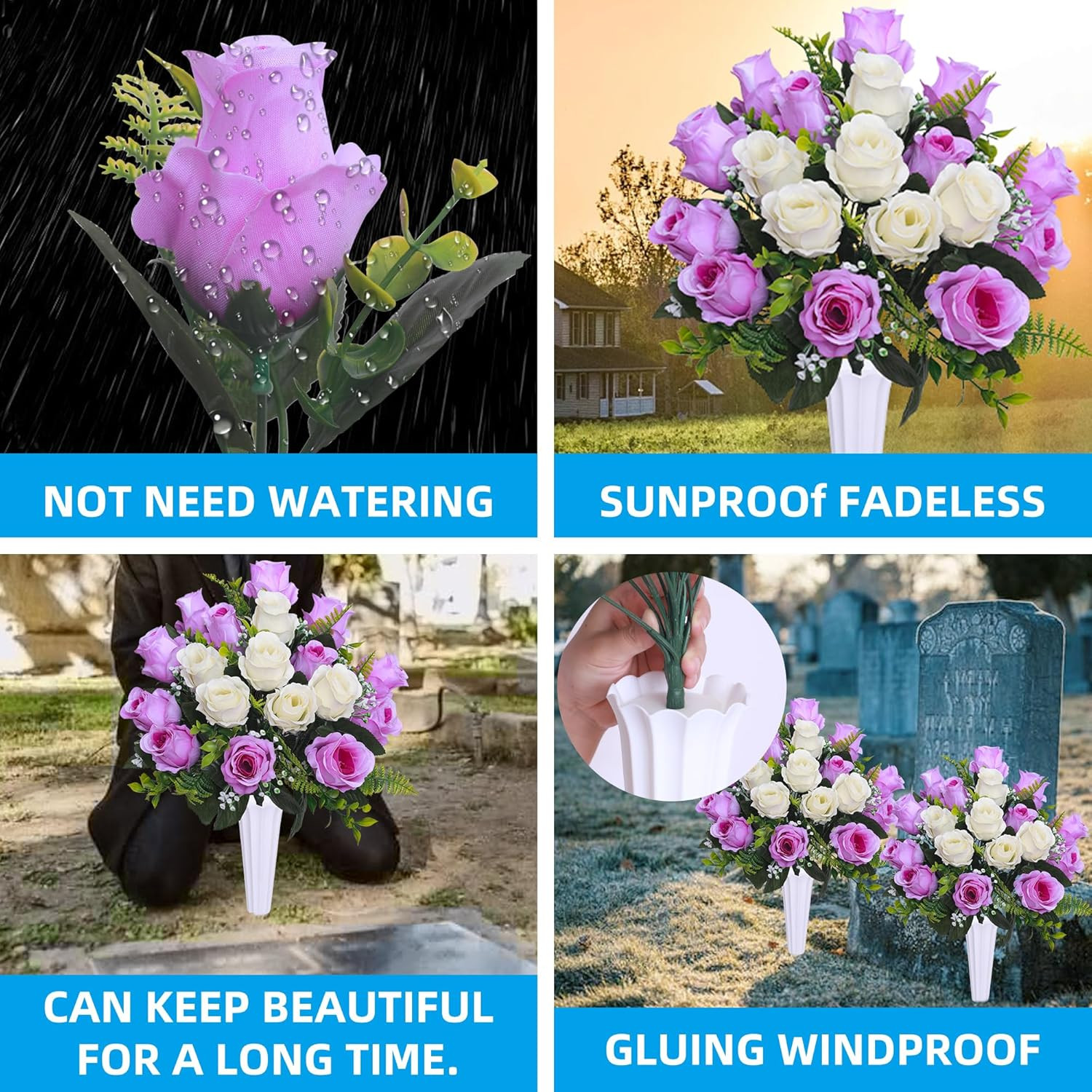 Set of 2 Artificial Cemetery Flowers with Vase,Grave Memorial Flowers,Artificial