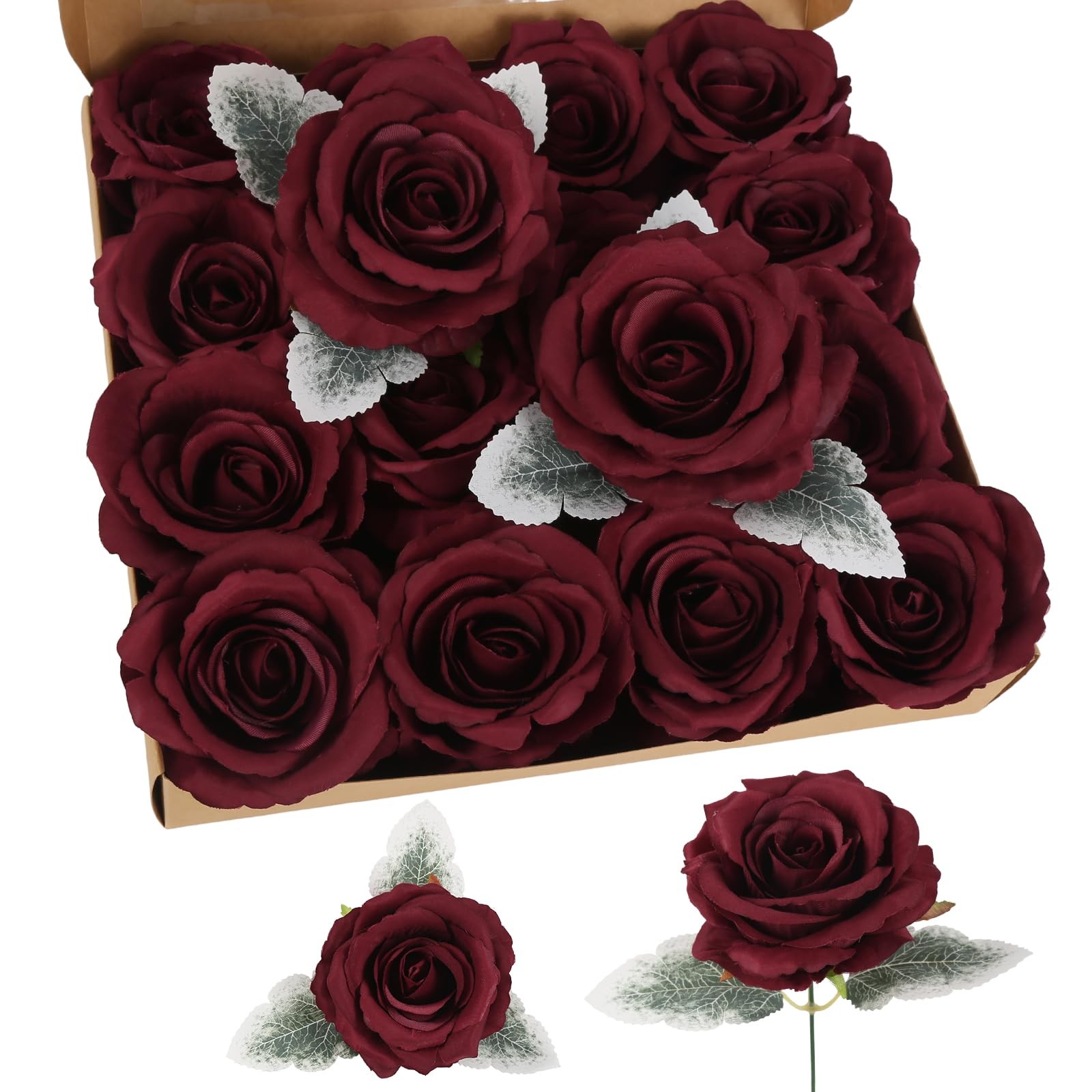 16 PCS Burgundy 3.54″ Realistic Artificial Silk Velvet Fake Roses Bulk Flowers