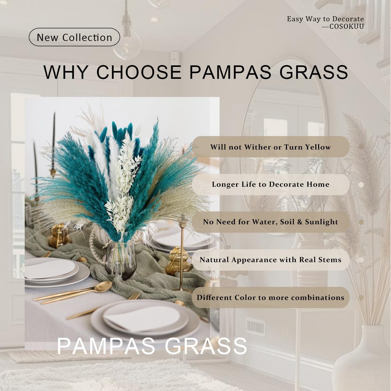 Pampas Grass Dried Flowers for Vase, Boho Home Decor, Wedding Decorations (Mi…
