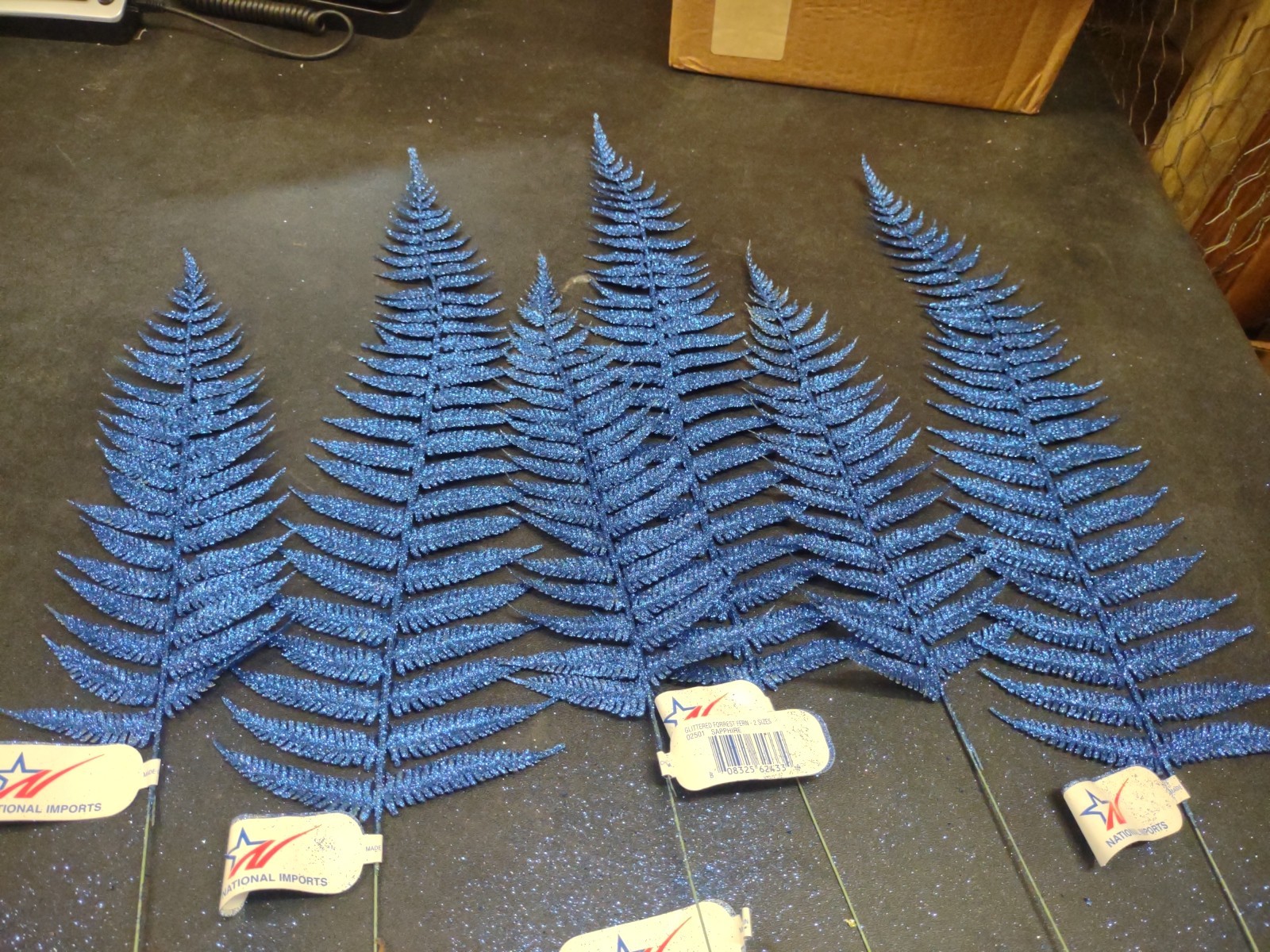 6 Pieces Sapphire Blue Glittered Retro Plastic Forrest Fern, 2 Sizes 15″ & 24″