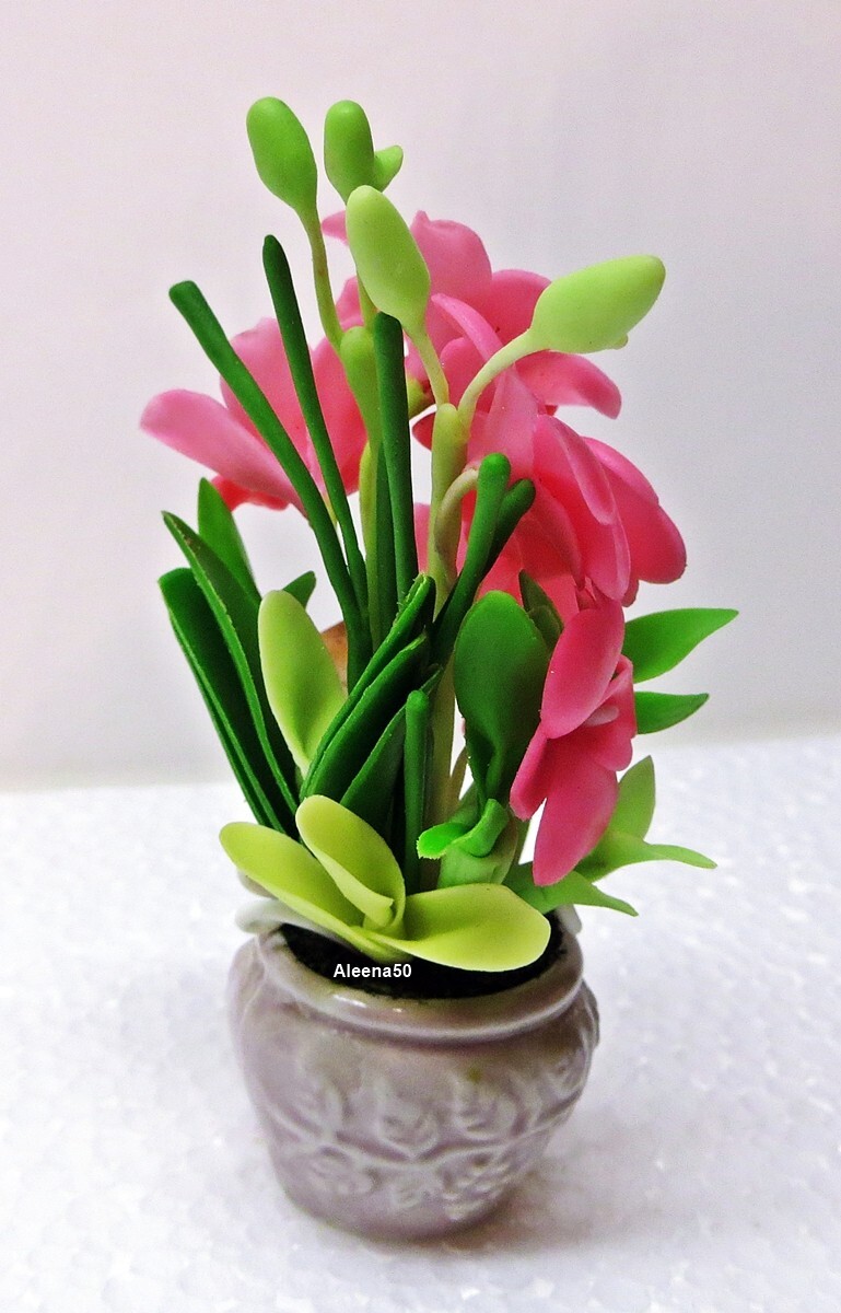 US Stock 4″H Handmade Air-Dry-Clay Pink Mini Dendrobium Orchid Arrange in Pot