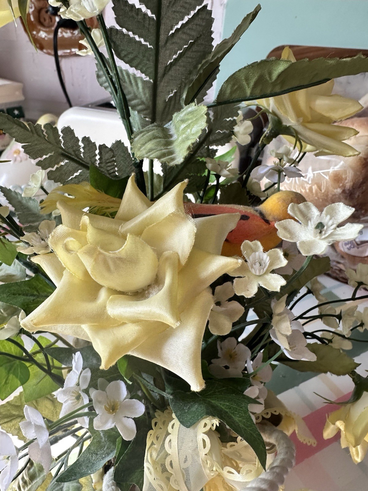 Vintage 1950s Original Yellow Silk Ribbon Rose Floral Arrangement Lefton Planter