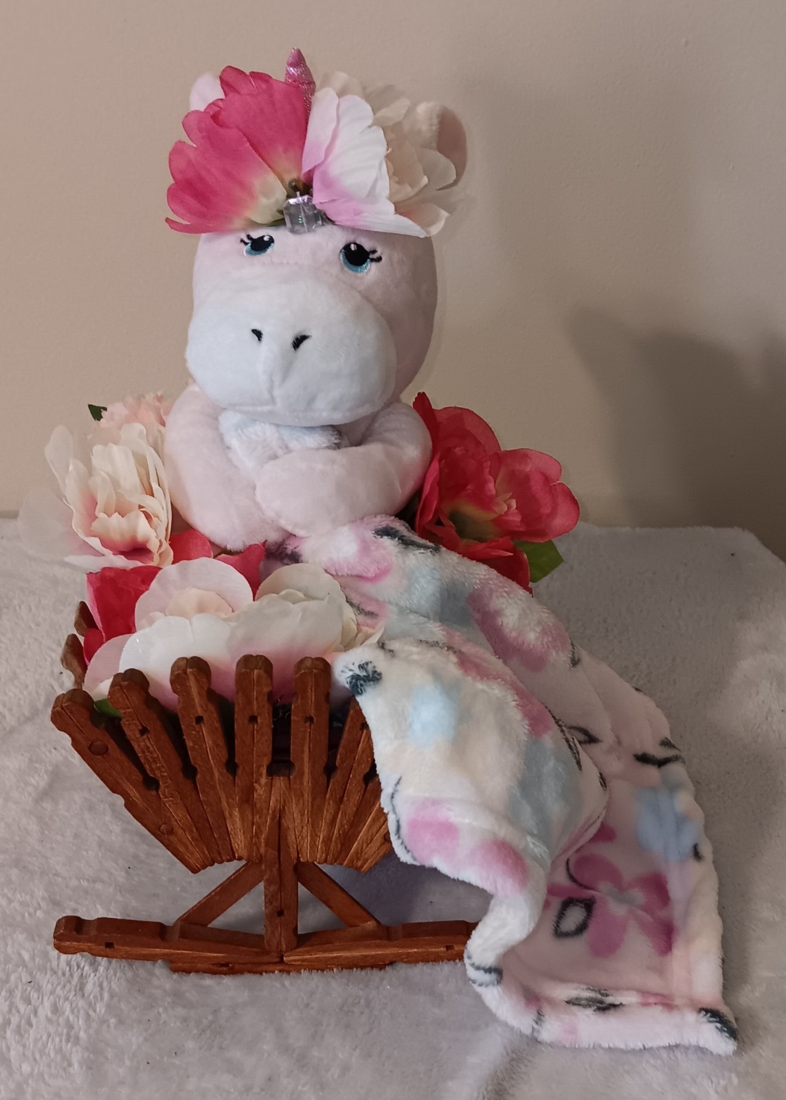 Cute Unicorn In A Cradle Laying In A Bed Of Flowers, Handmade