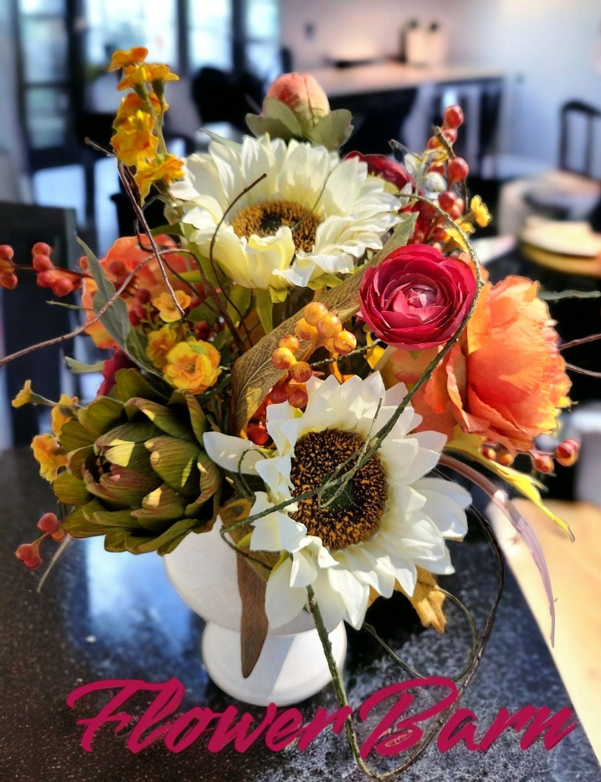 Autumn Artificial Floral Centerpiece With Sunflowers & Ranunculus Arrangement Wh