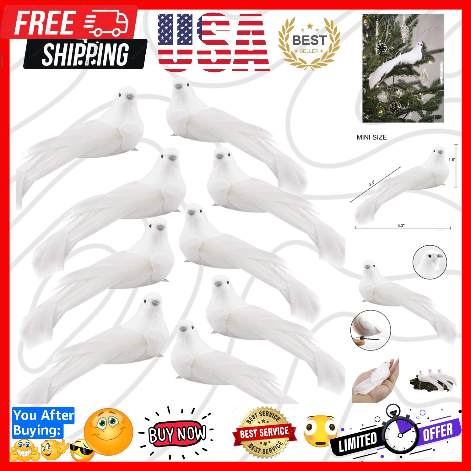 Artificial Birds, 12 Pcs Artificial White Doves Simulation Foam White Feather…