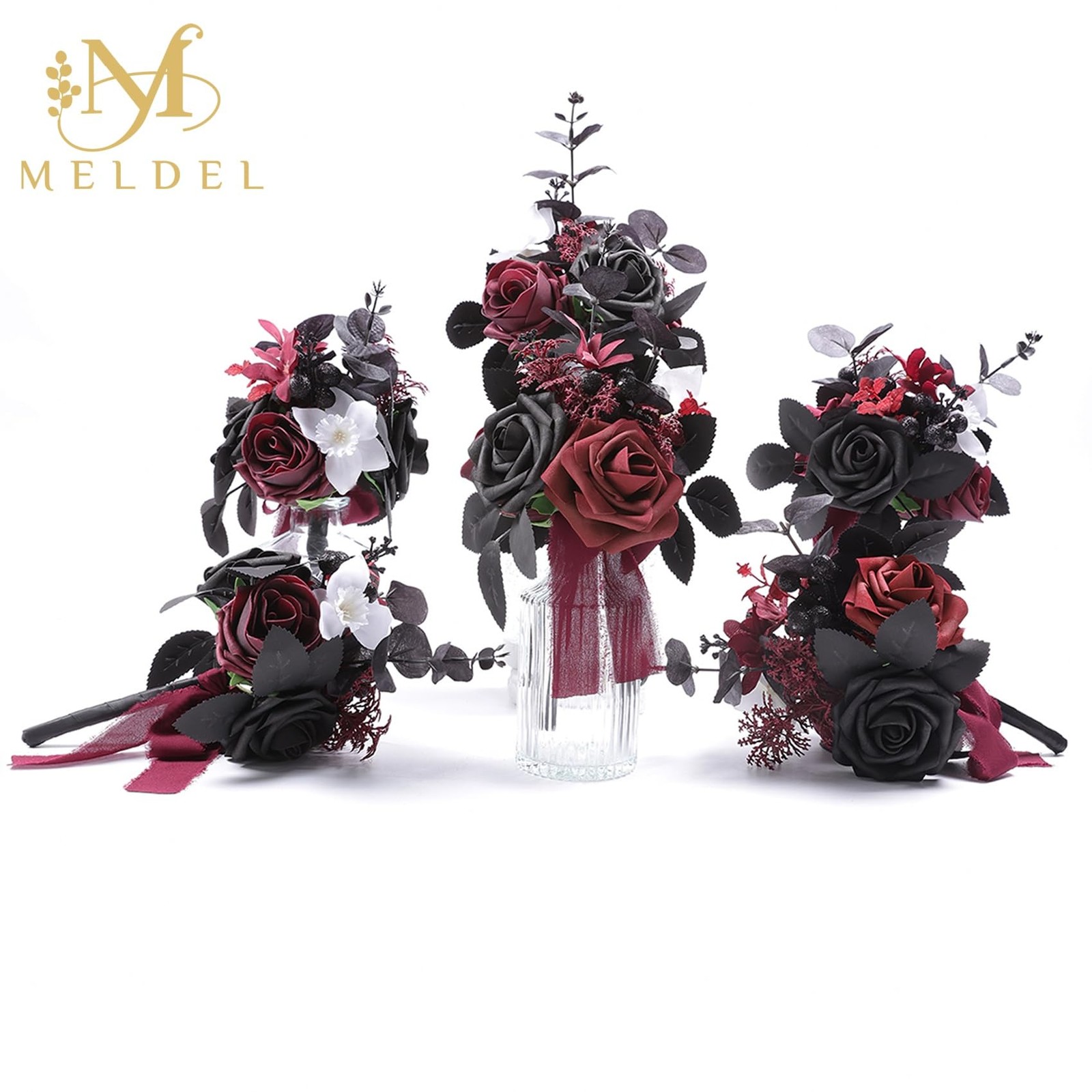 Wedding Flowers Fake Rose Mini Bridesmaid Bride Bouquets Black Burgundy Set o…
