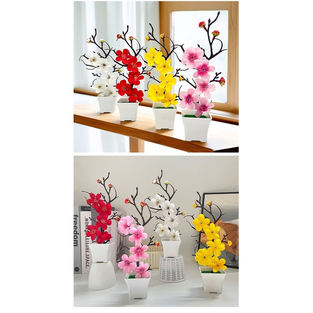 Realistic Artificial Winter Plum Flower Arrangement in Square Pot 10x10x26cm