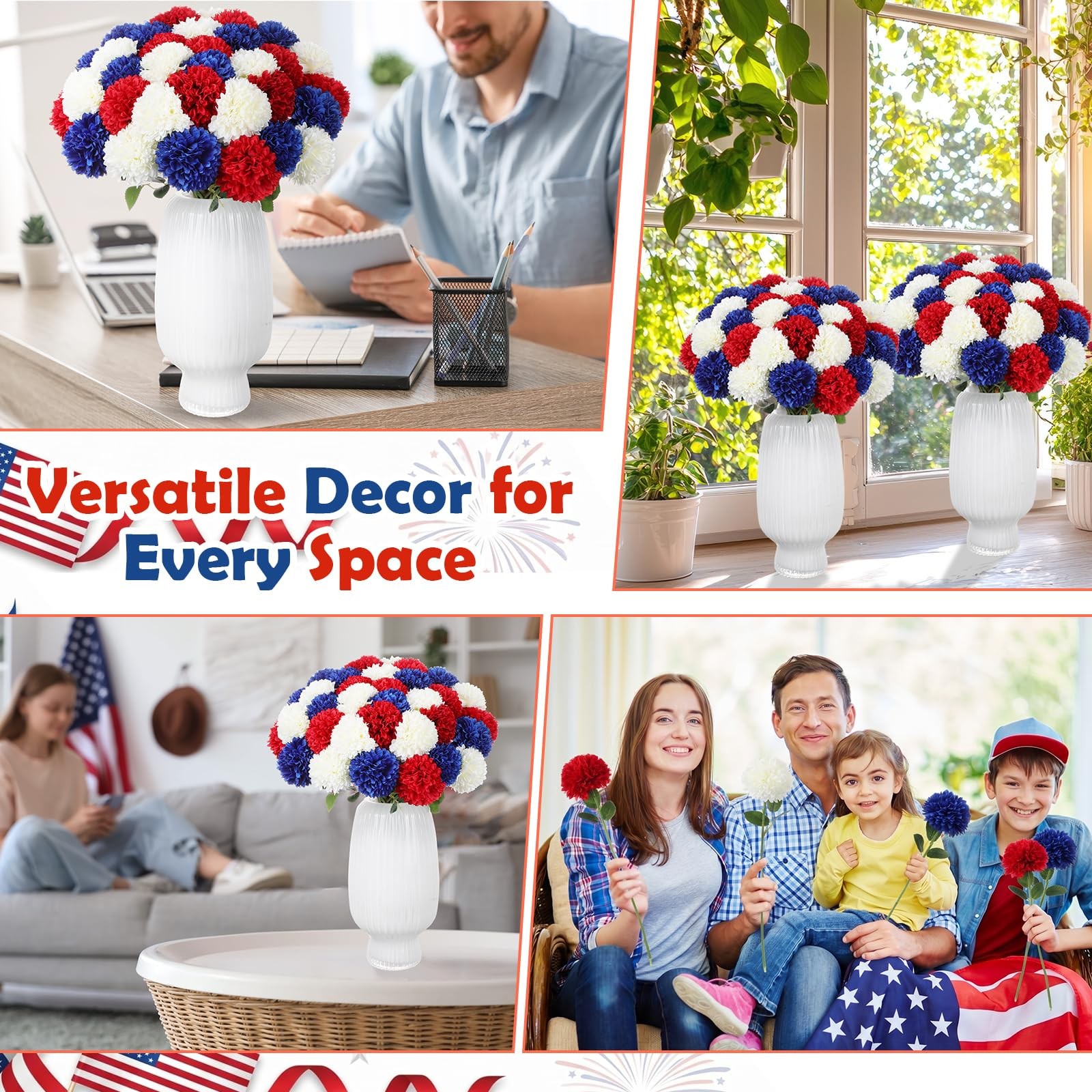 36 PCS 4th Of July Artificial Chrysanthemum Flowers 3.3 Inch Red White Blue