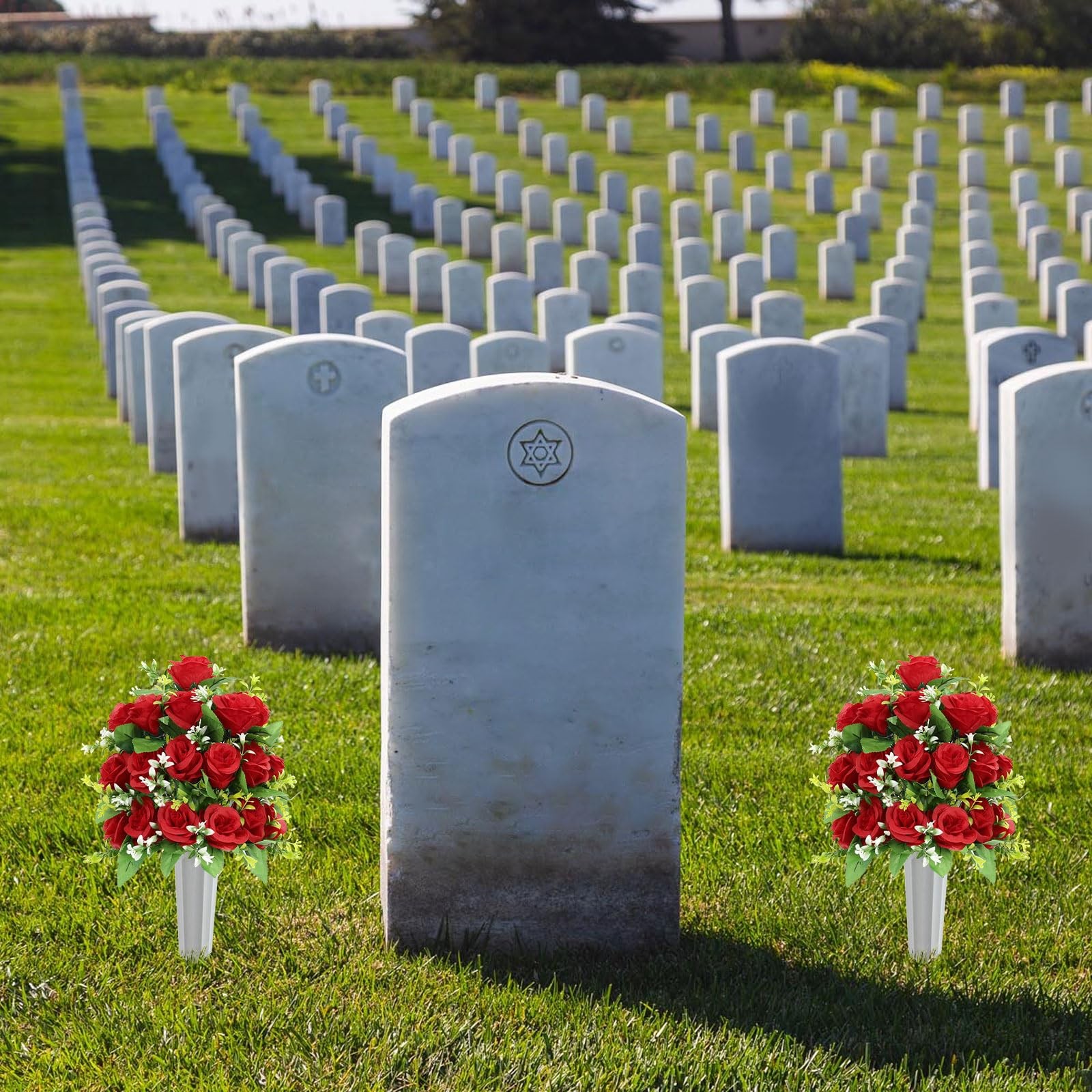 2Pcs Artificial Cemetery Flowers with Vase for Grave, Silk Memorial Day Rose …