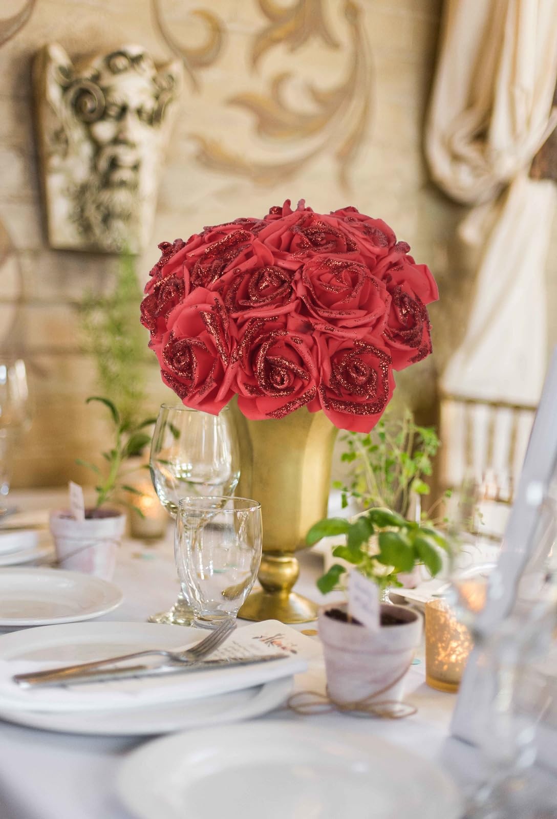 100 PCS 2.56″ Red Glitter Roses Artificial Foam Fake Flowers Bridal Shower
