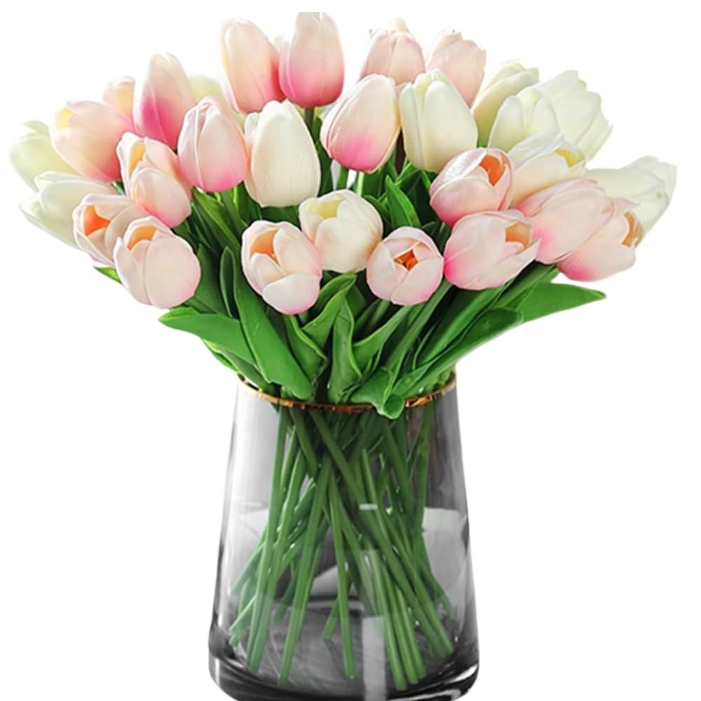 20pcs White and Light Pink PU Faux Tulips Flowers 13.5 Inch Fake Bouquet Decor