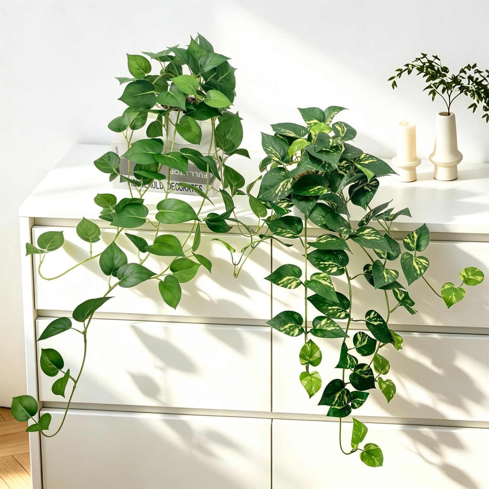 Artificial Hanging Plants with White Pots (2, Green and Yellow Green, 31.5”)