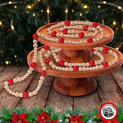 9 Foot Red & Natural Wood Bead Ball Christmas Garland | Wooden Christmas Tree