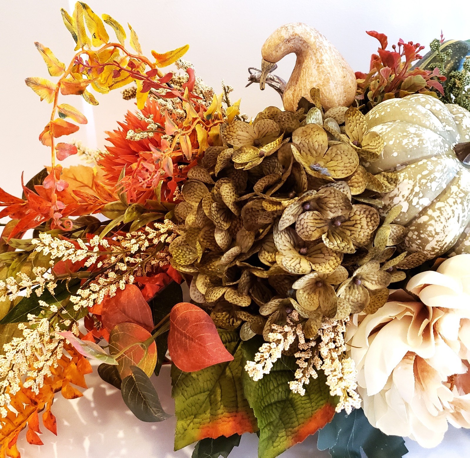 Fall Hydrangea Pumpkin Centerpiece, Rustic Autumn Table Arrangement, Neutral