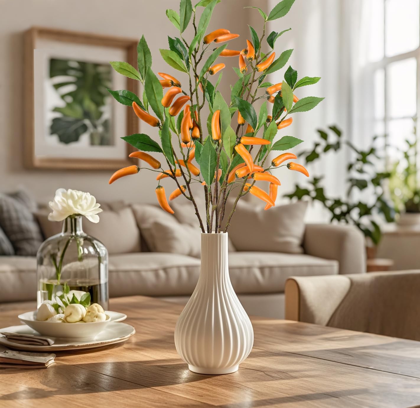 Small Artificial Chilli Pepper Plant Stems with Green Leaves and Orange Pods,…