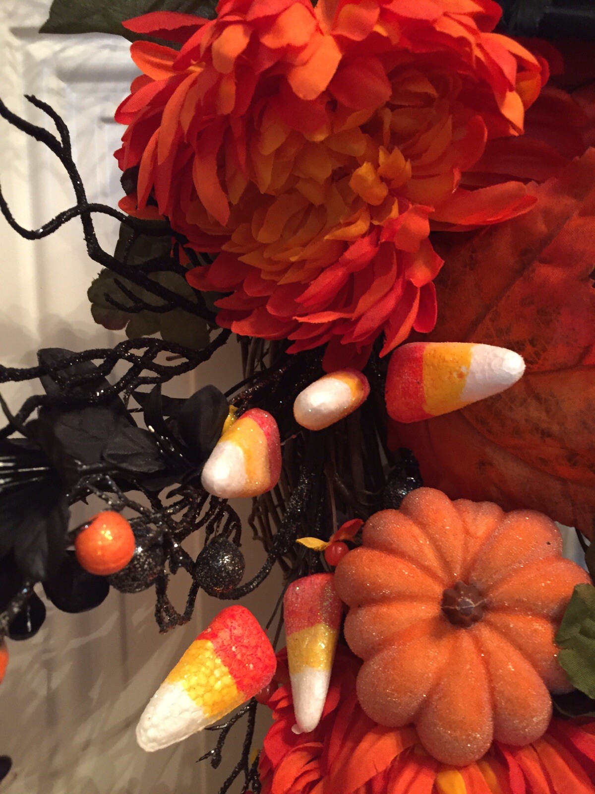 Halloween Spooky Wreath With A Black Evil Crow And Creepy Black Spiders