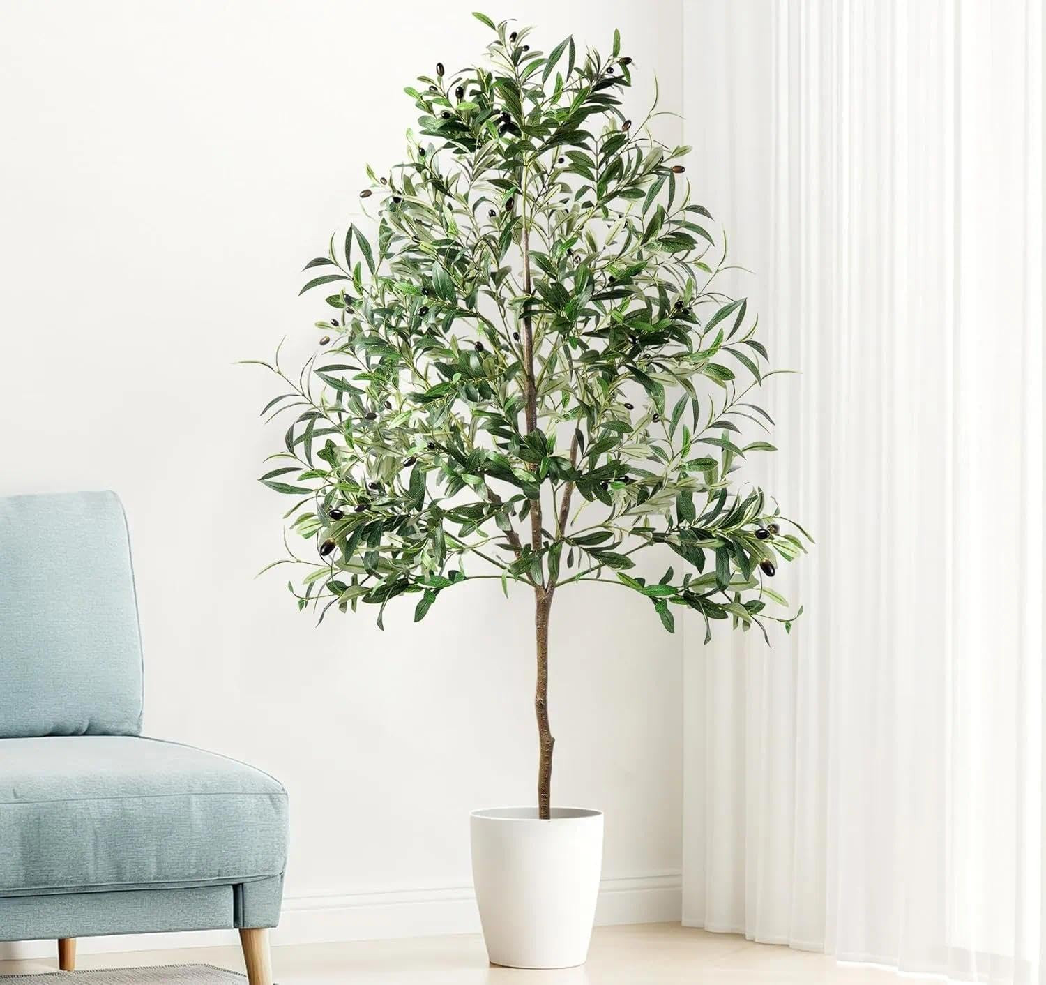Olive Trees Artificial Indoor, 6FT Faux Olive Tree with Black Planter, Tall Fake