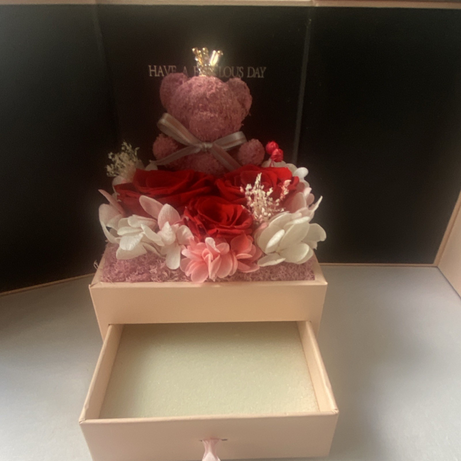 Artificial Rose Flower Box Arrangement w/ Pink Teddy Bear Love Theme 8″ x 5″