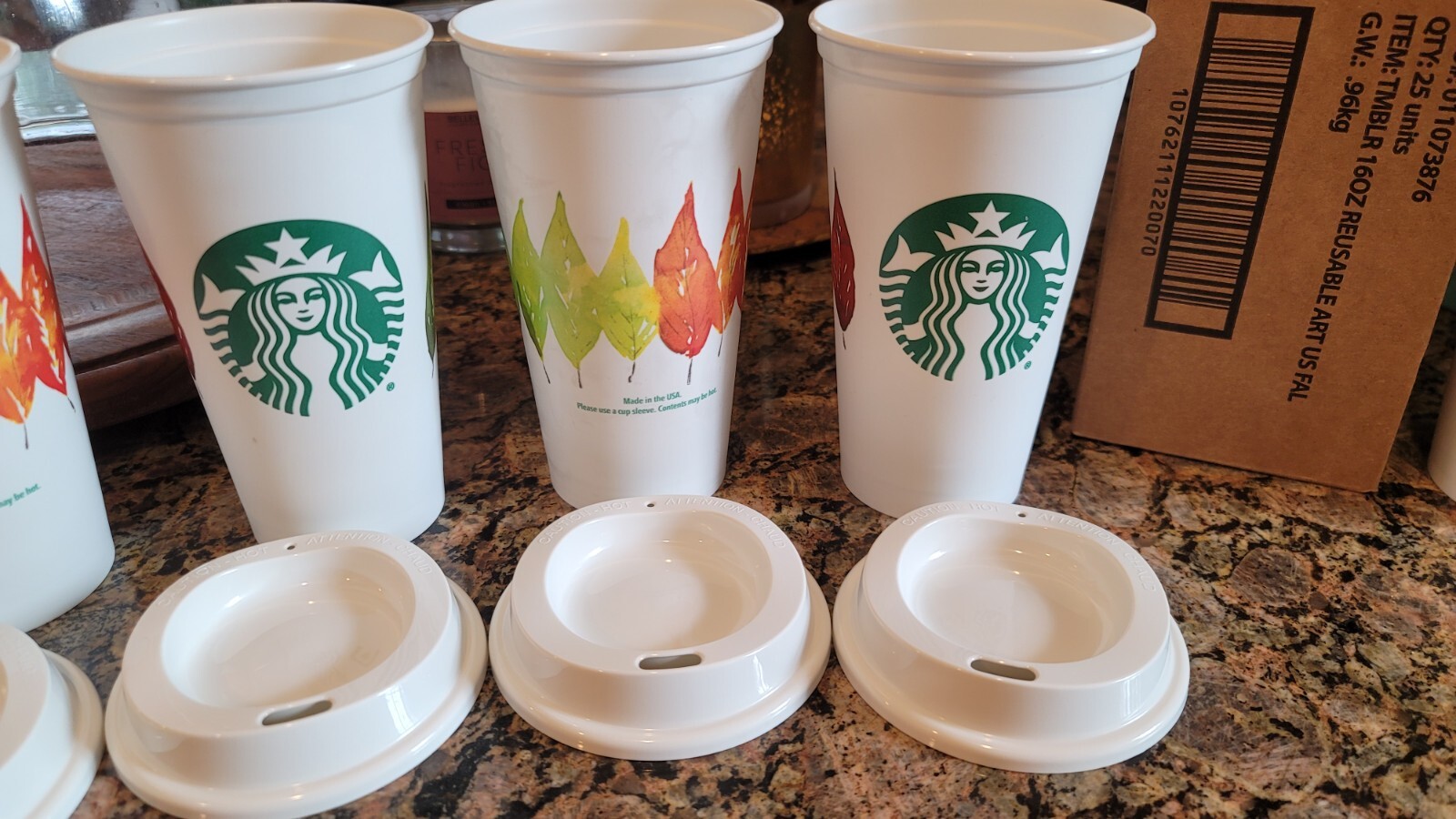 2 Starbucks Reusable Plastic Coffee Cup with Lid – Autumn Fall Leaves