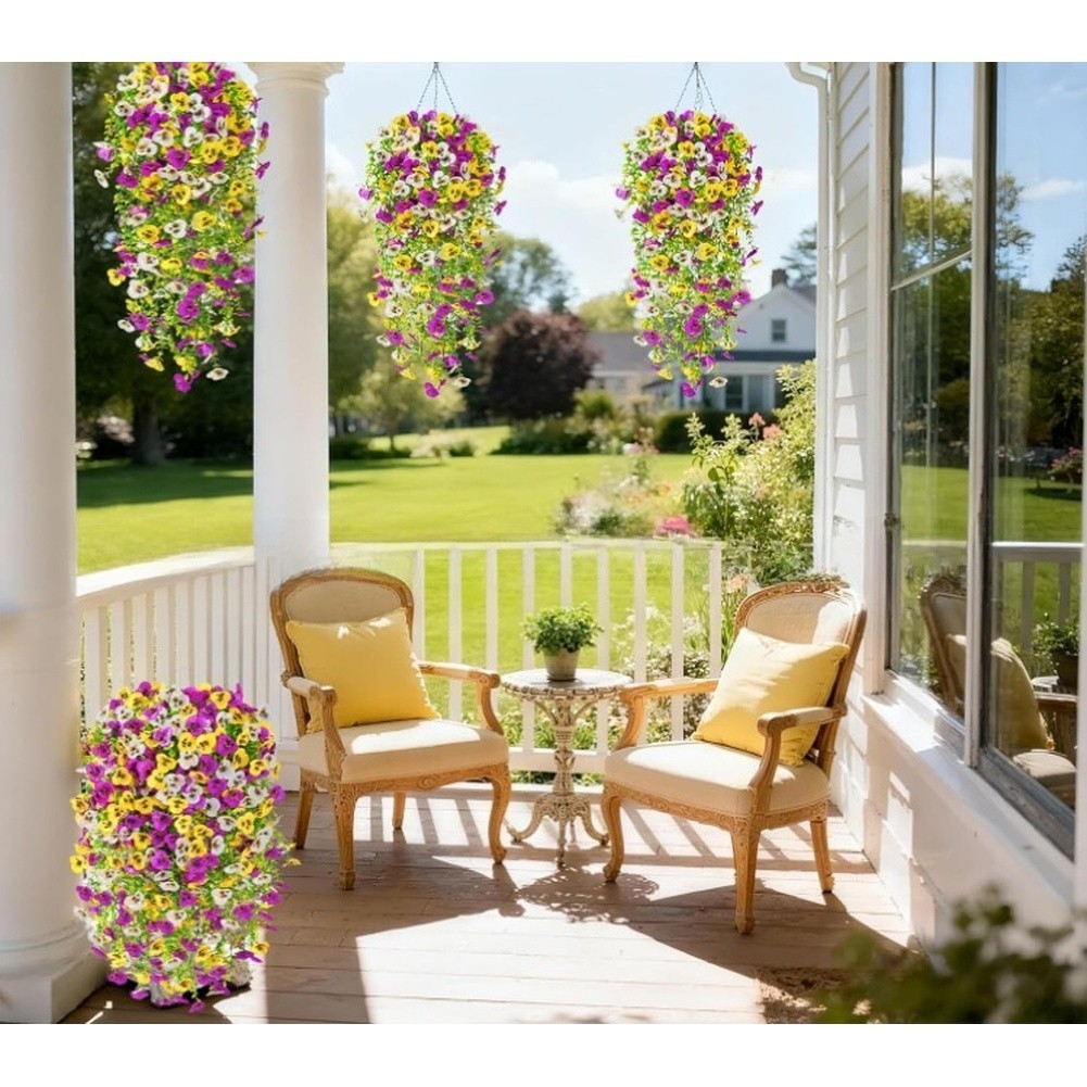 Fabric Artificial Pansy Vine Hanging Basket 45 Eyes Violet 25.59in Wall Hanging