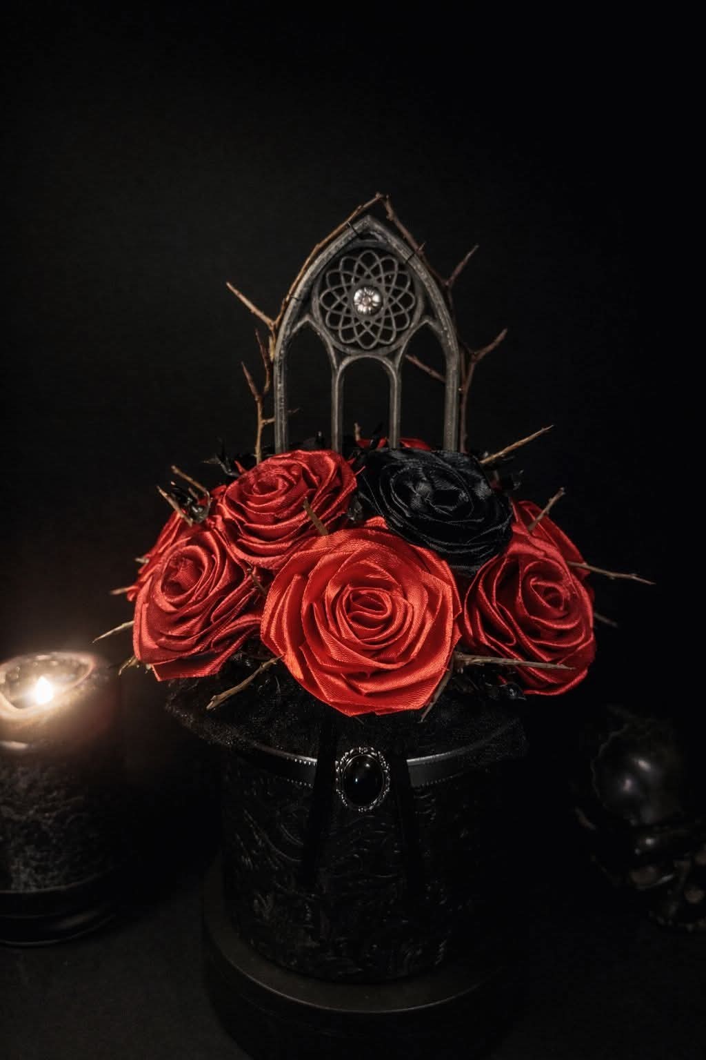 Gothic Flower Box,luxury,black & red satin flowers,handmade