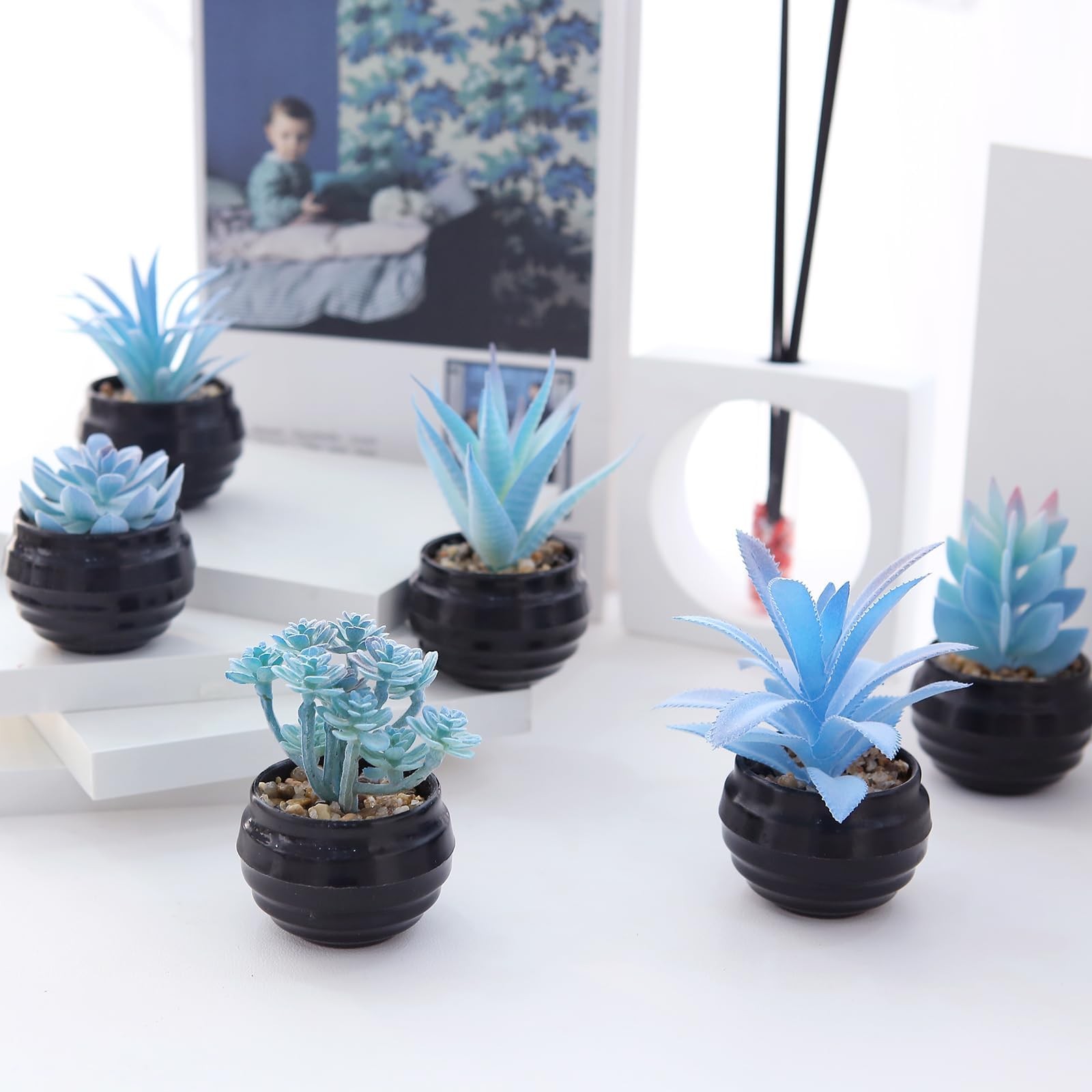 6 Blue Artificial Succulents in Mini Black Pots, Faux Indoor Desk & Home Decor