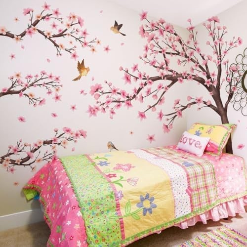Pink Cherry Blossom Floral Birds Wall Decals Large Cherry Blossom Tree Branch Wa