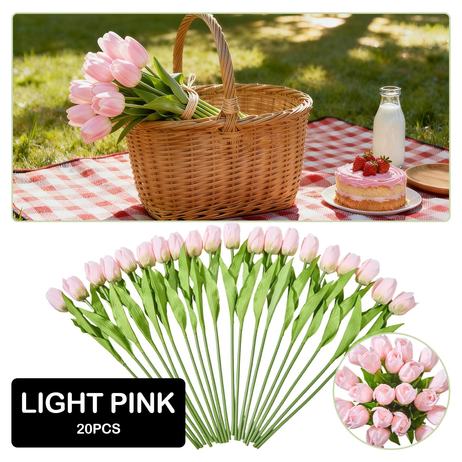 Light Pink Artificial Tulips 20 PCS Silk Flowers Spring Wedding Bouquet Decor