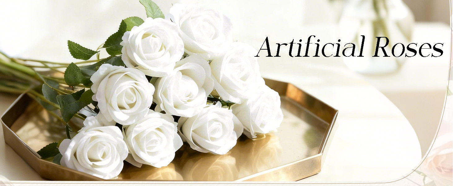 100Pcs White Roses Artificial Flowers with Stems，Fake Roses Bouquet Fake Flowers