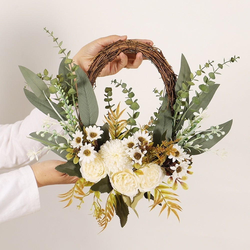Artificial Wreath with Fabric and Plastic Flowers for Indoor Wall Decoration