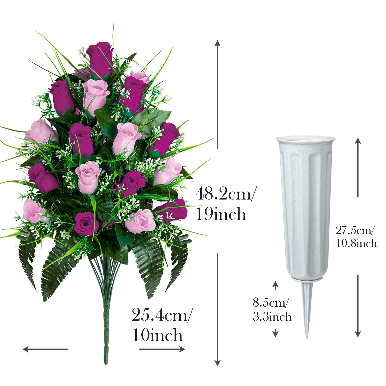 Artificial Cemetery Flowers – Set of 2 Grave Memorial Rose Flowers with Vase