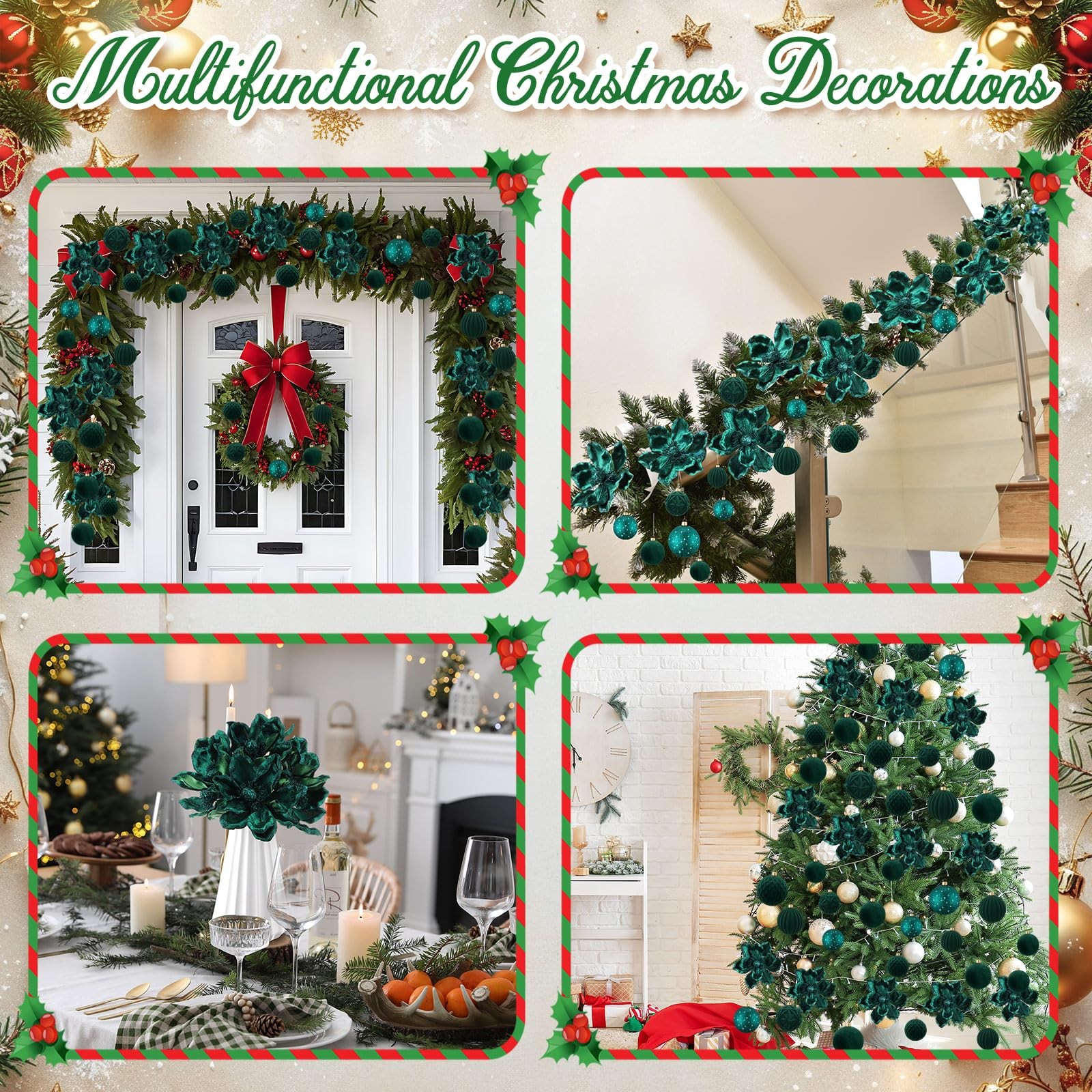 48 Pcs Christmas Tree Decoration Set 12 Glitter Poinsettia Magnolia Artificia…