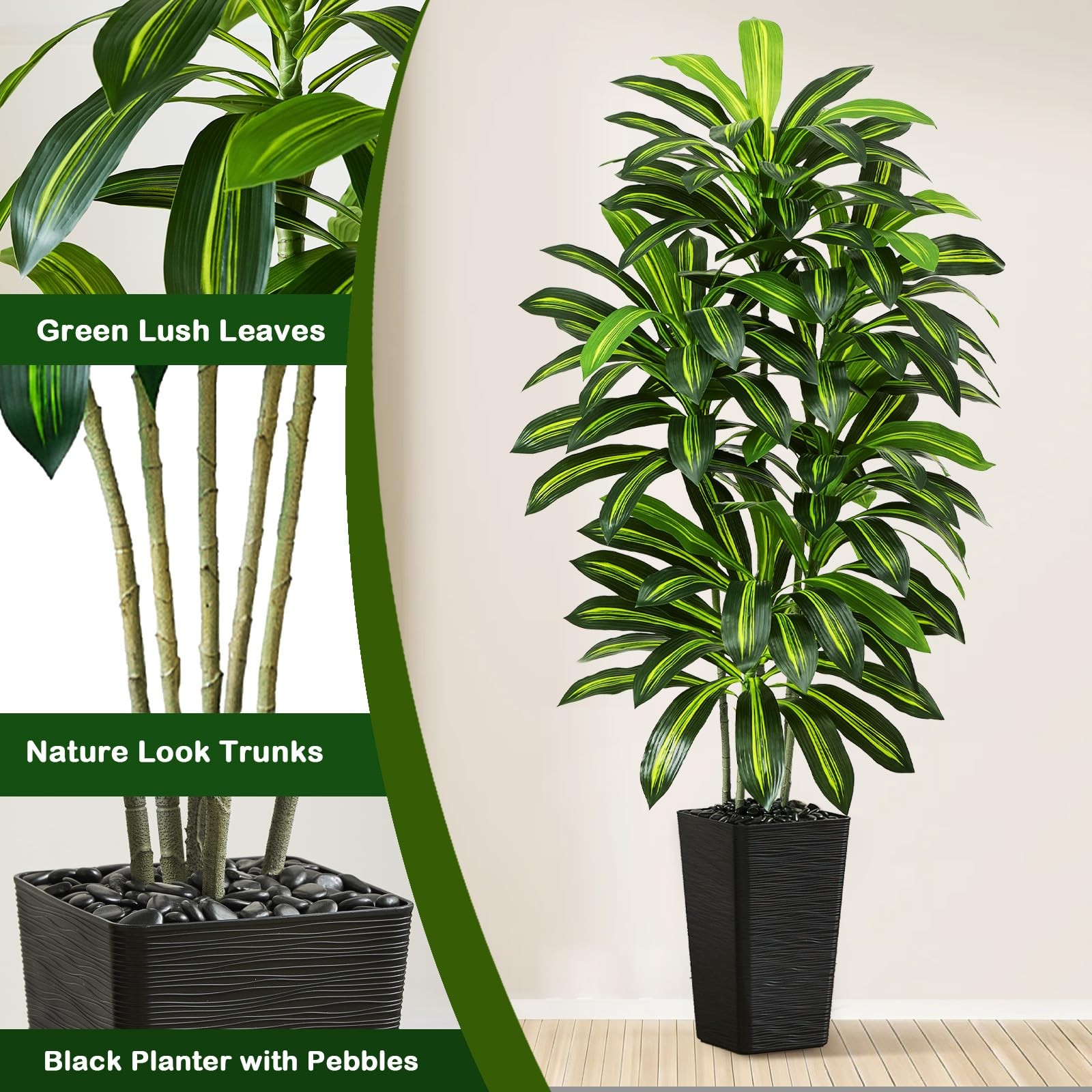 Artificial Dracaena Tree – 6FT Tall Fake Plants with Black Square Planter – A…