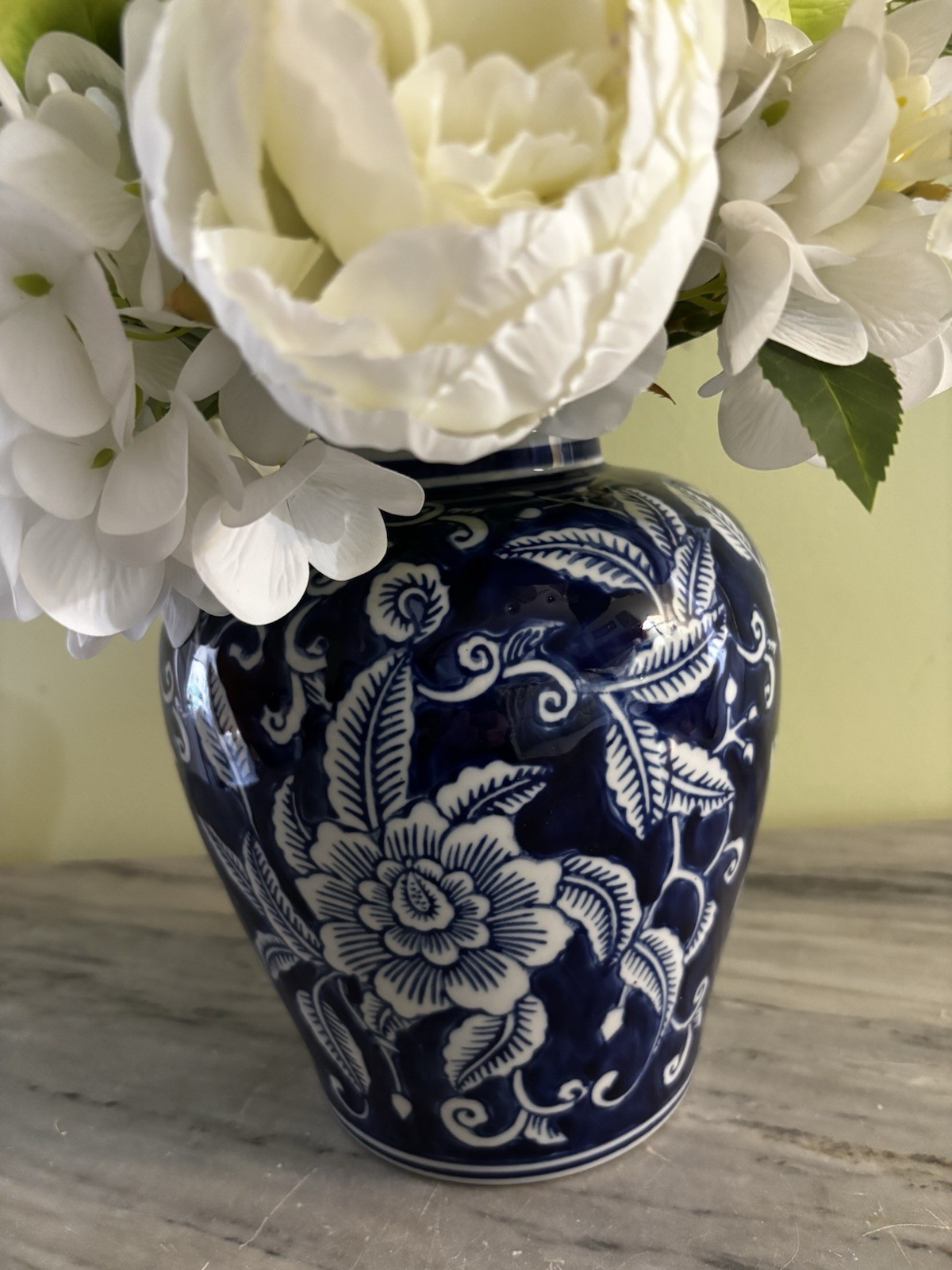 White Peonies Silk Flowers In Cobalt Blue Vase Decor Stands Approx 17” Tall