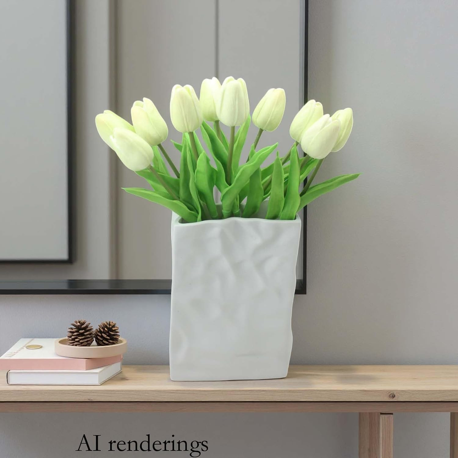 10 Heads Artificial Tulips,Light Champagne | 13.38 Inch,Real Touch PU Faux Flora