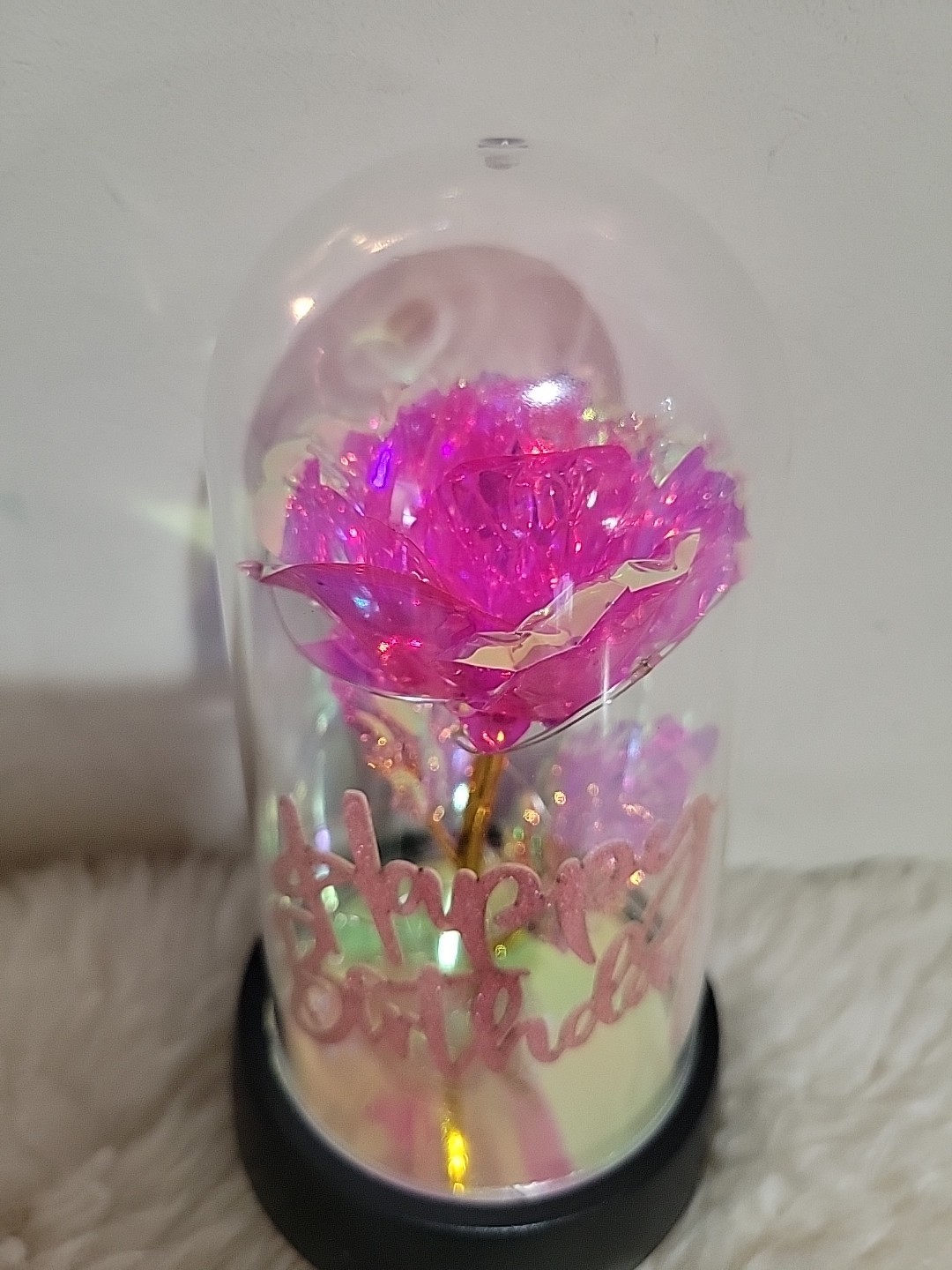 New With Box – Crystal Rose with LED Light In Dome Cover – Happy Birthday – Pink