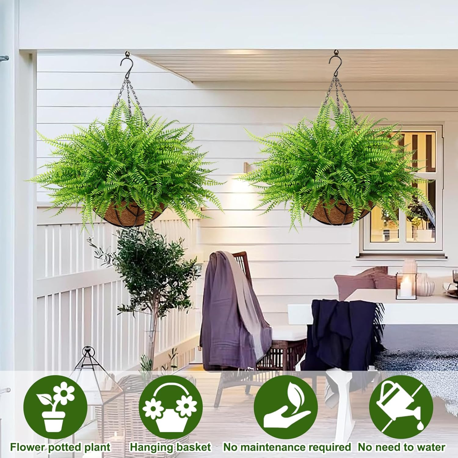 Artificial Hanging Plants with Basket 2PCS Fake Boston Fern Baskets, Outdoor Fau