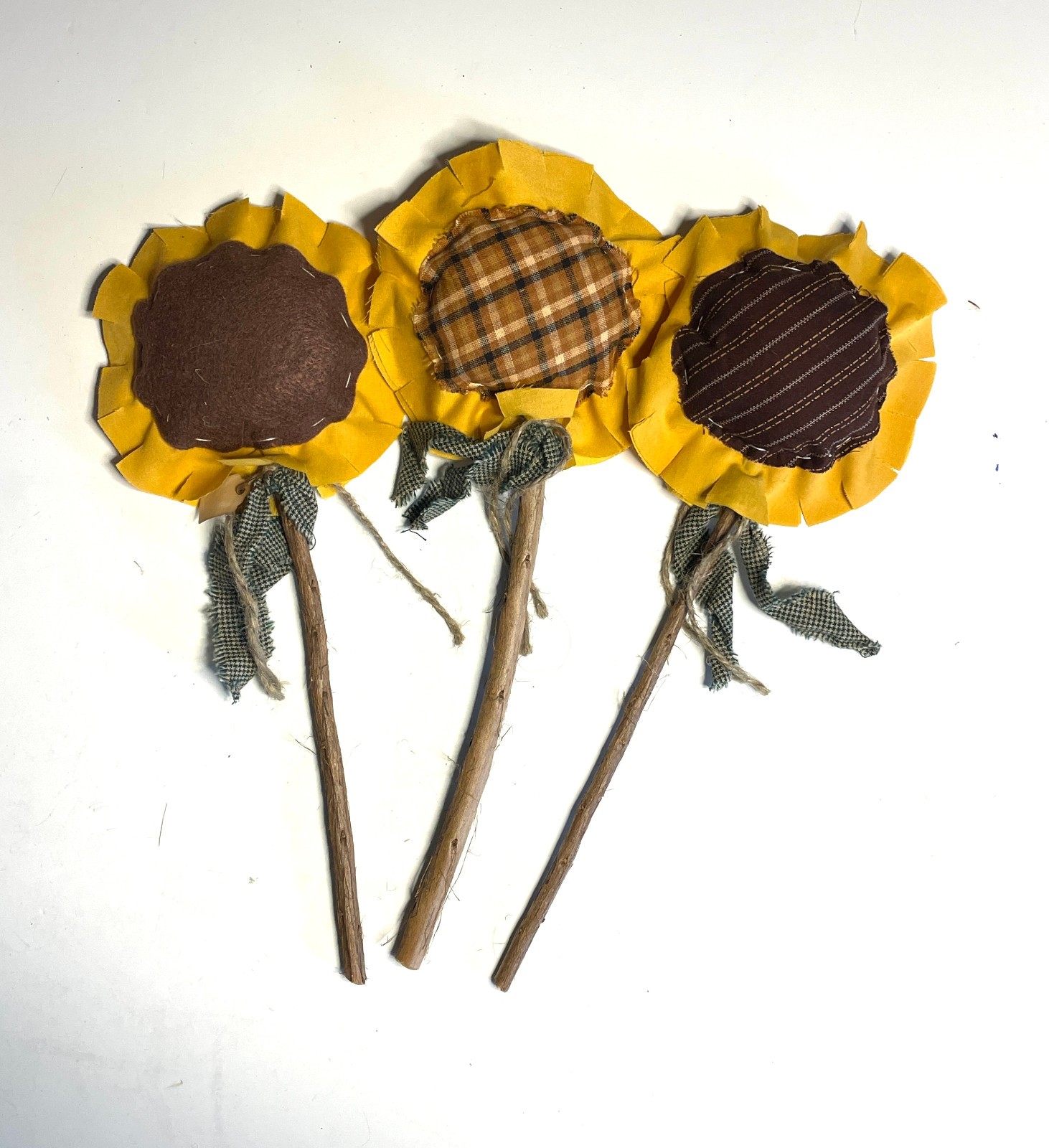 3 Handmade Primitive-Style Fabric Sunflower Flowers Floral Picks Pokes 12-13″