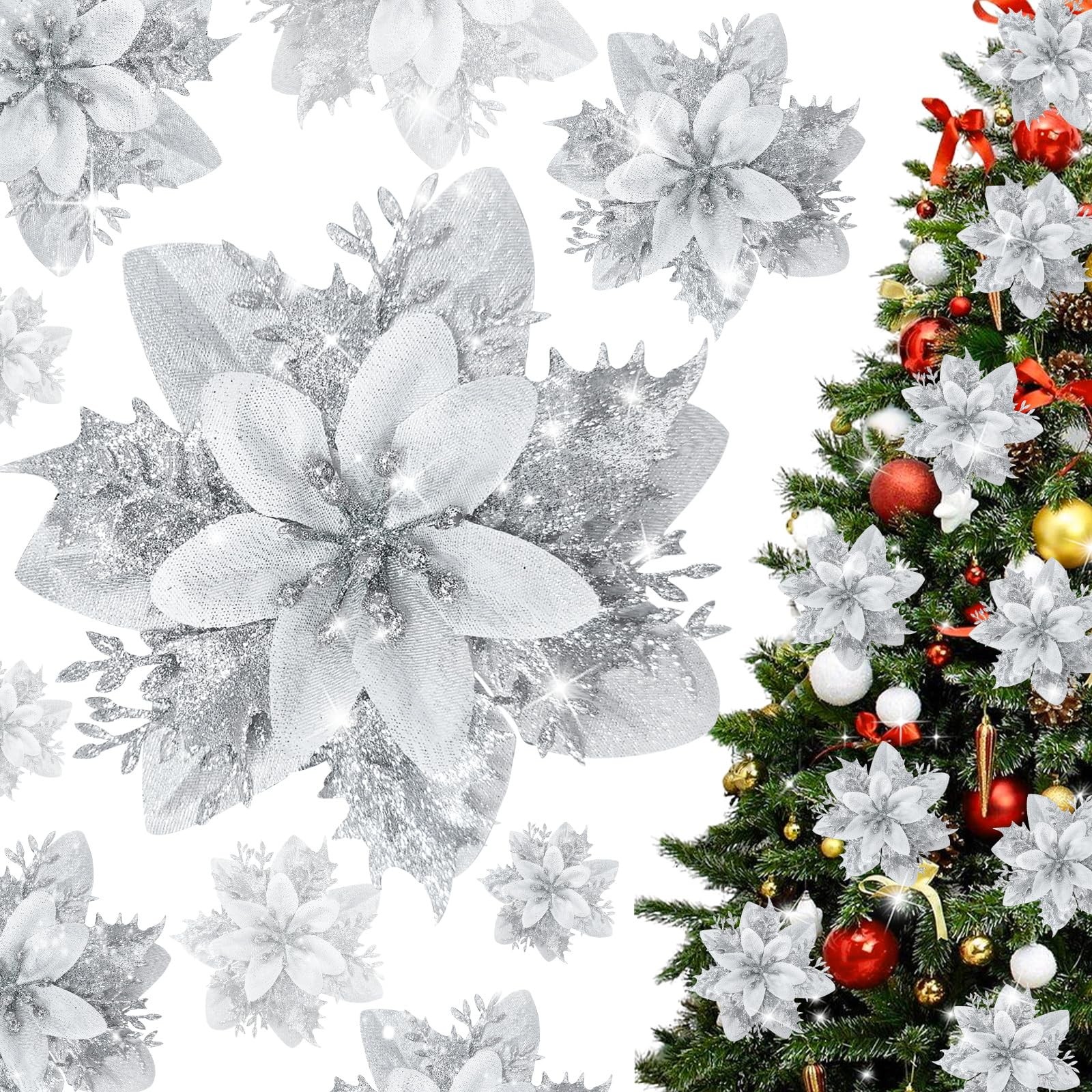 Silver Poinsettia Flower with Clips 12PCS Artificial Poinsettia Flowers Picks…