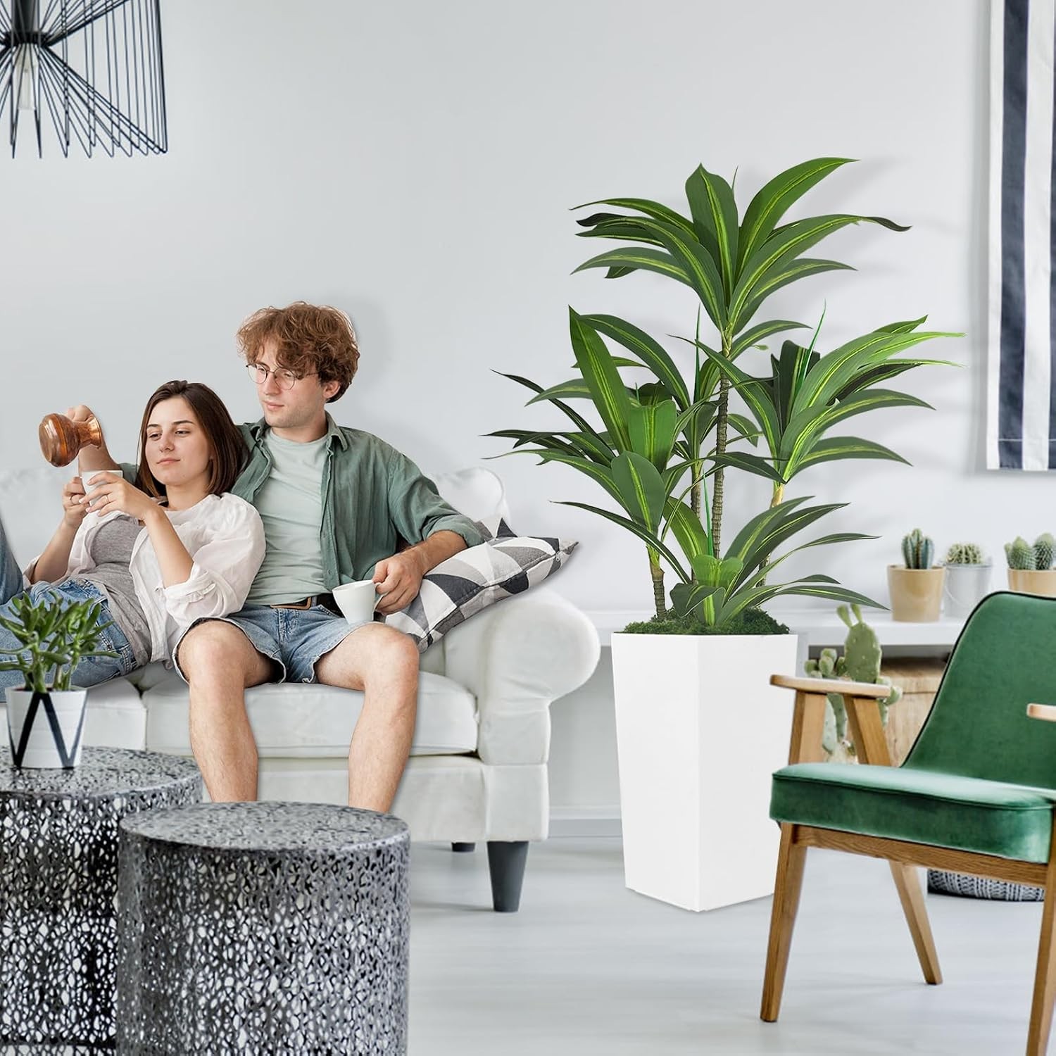 Artificial Dracaena Tree 5FT with WhiteTall Planter,Fake Green Plant with