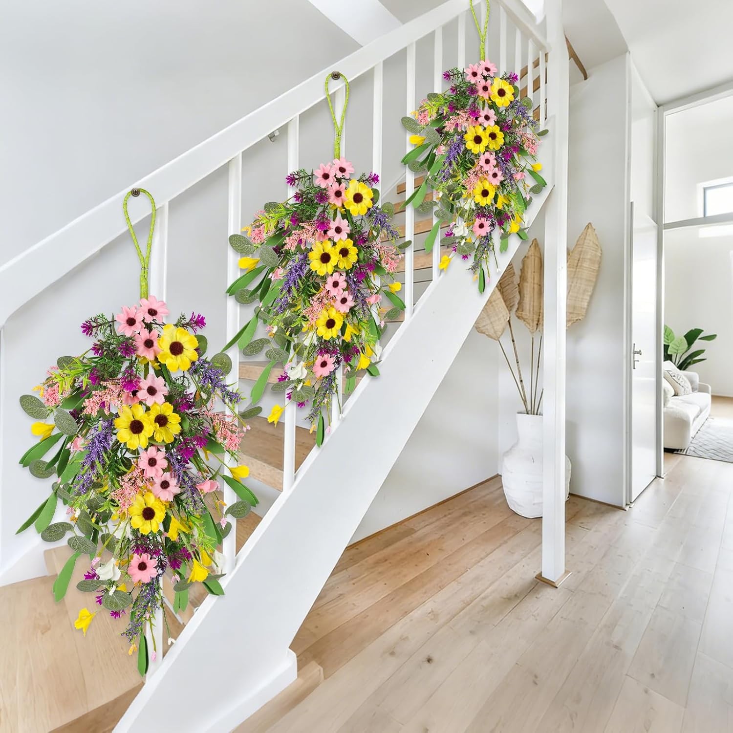 2 Pcs Spring Swags for Front Door, 23.6″ Artificial Floral Teardrop Swags with S