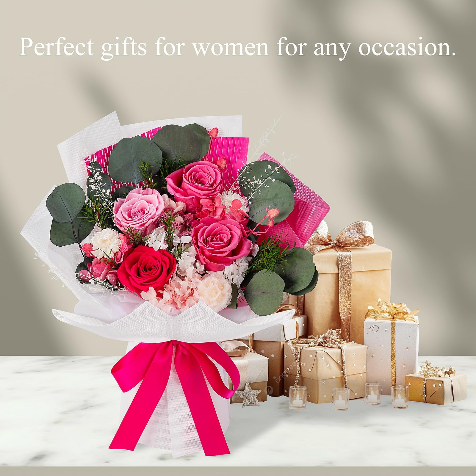 4 Roses Mixed Bouquet Pink Preserved Flowers Womens Mothers Day Birthday Gift