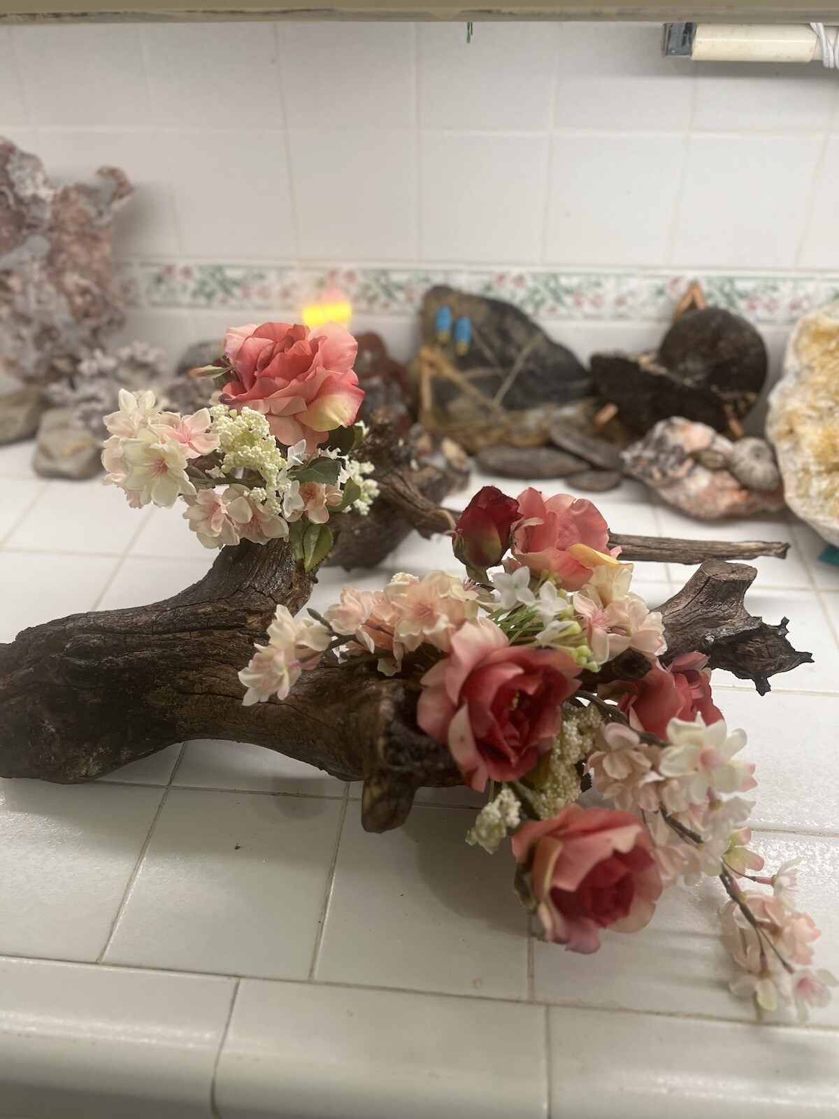 ORIGINAL FLORAL DESIGN WOOD BASE, ROSES, PEACH BLOSSOMS MOSSES BABY BREATH